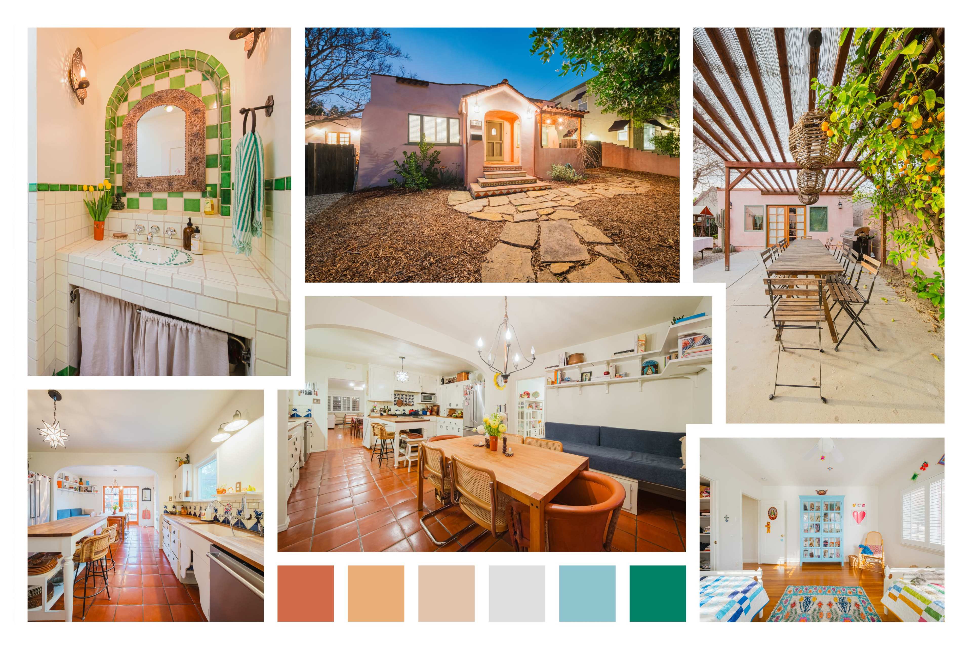 The image showcases a collage of indoor and outdoor spaces of a charming house featuring a landscaped pathway, a cozy kitchen with an island, a dining area, and a living room filled with natural light.