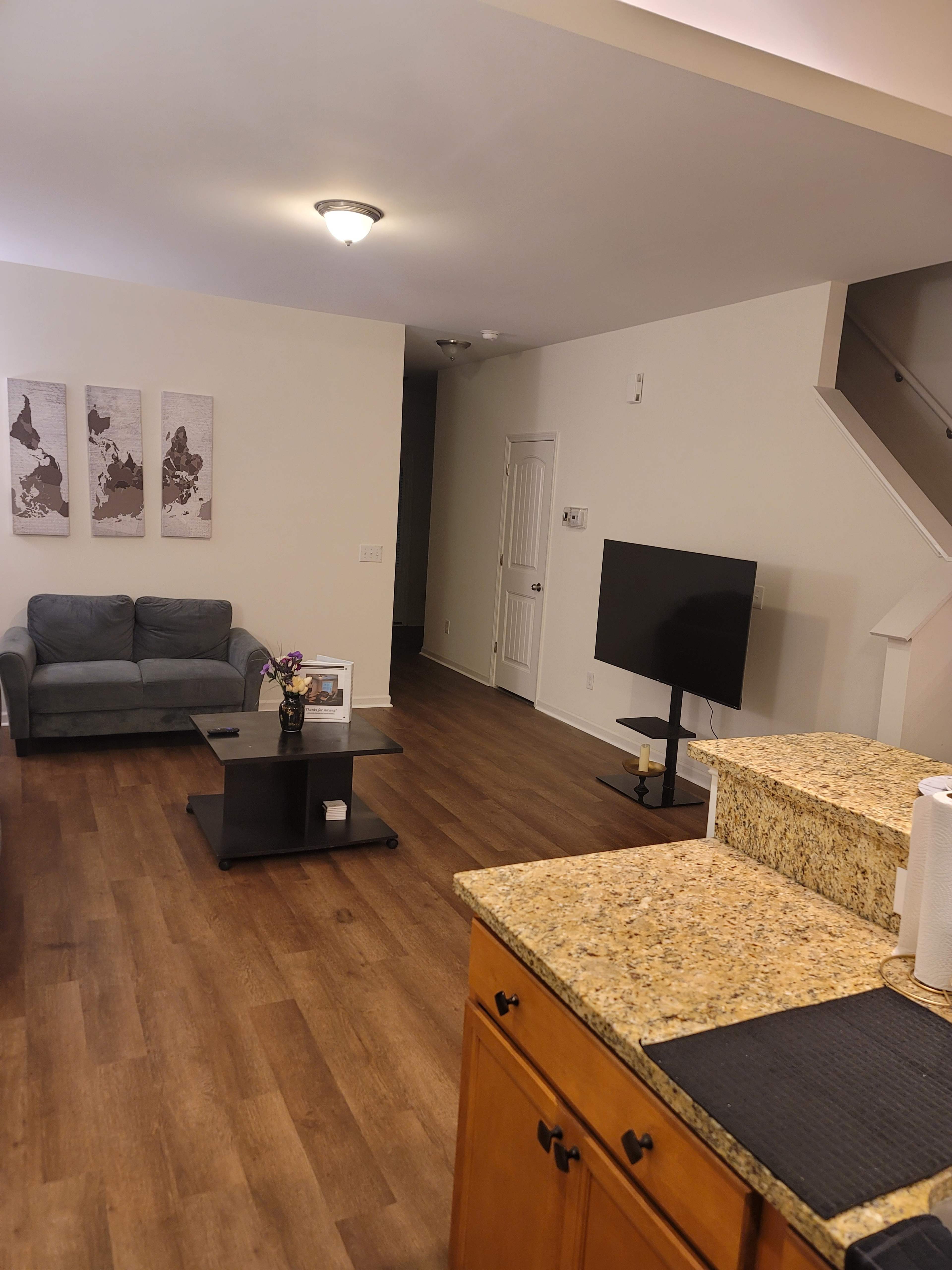 A spacious living room with a gray couch, a coffee table, a television stand, and kitchen countertops in the foreground.