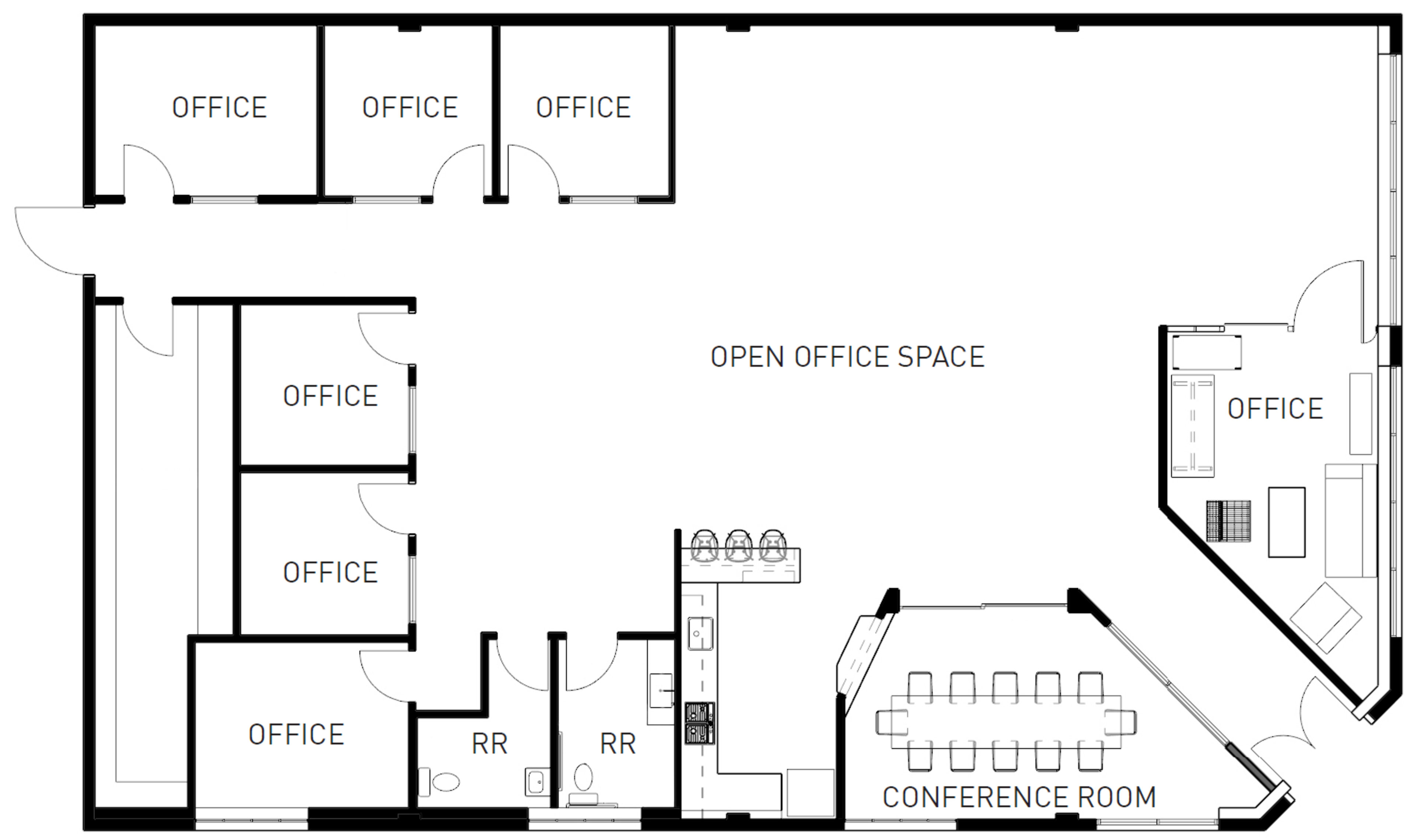 The image shows a floor plan of an office layout featuring multiple offices, an open office space, a conference room, and restrooms.