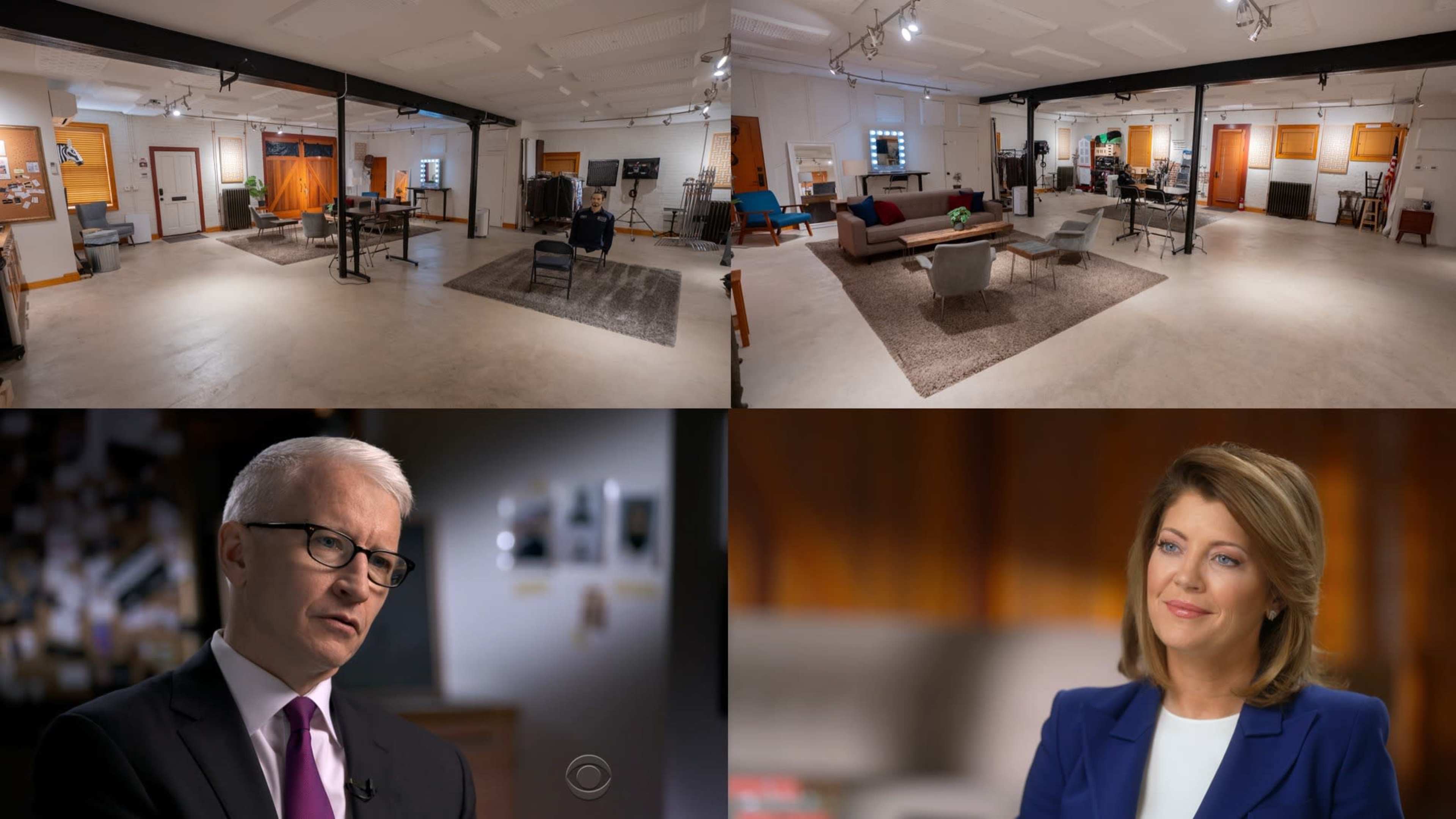 A split-screen with an empty studio space in the top half and two seated news anchors discussing in a studio in the bottom half.