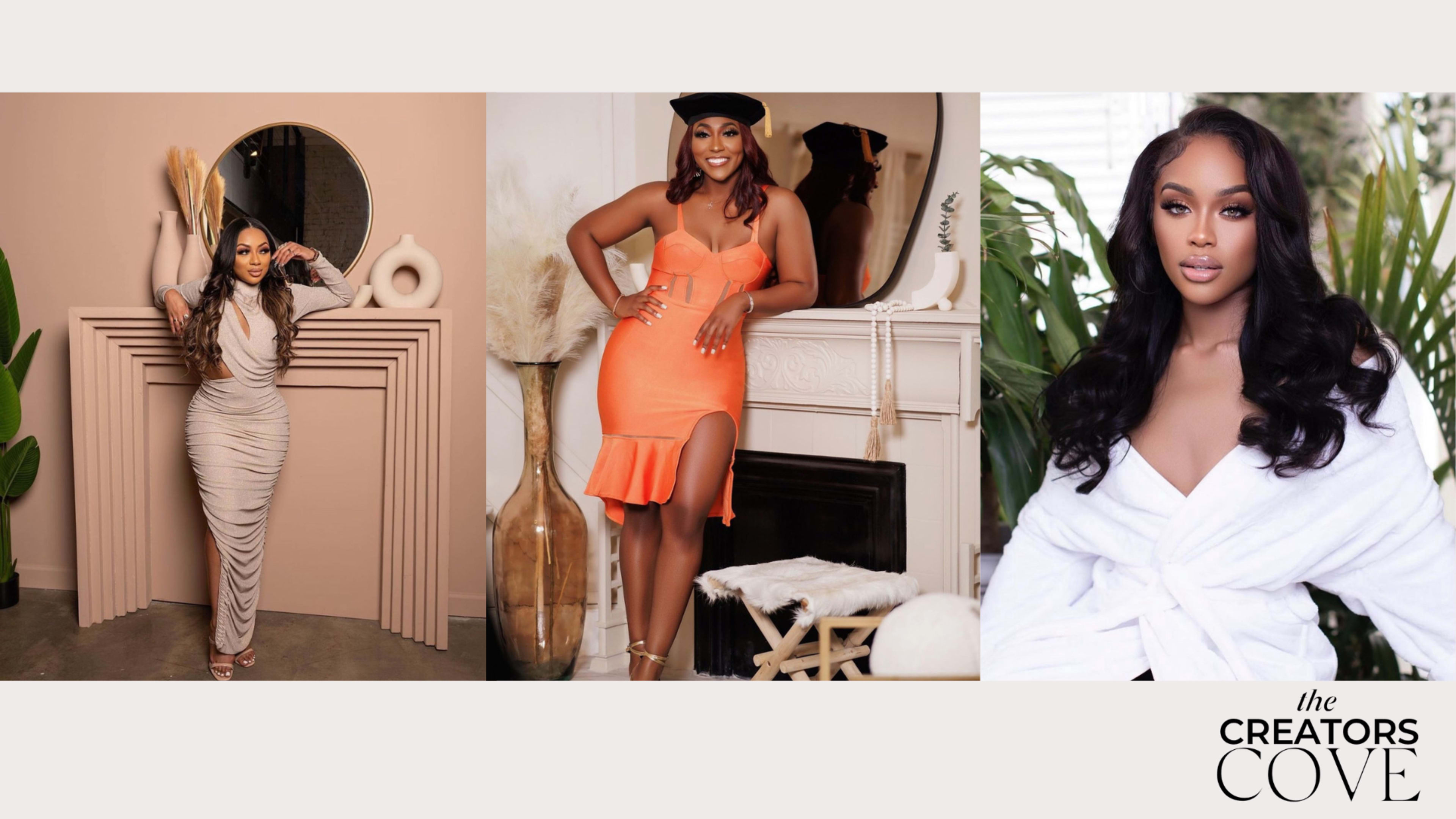 Three women modeling stylish outfits in various settings, including a minimalist interior, a decorated backdrop, and a light-filled room with greenery.