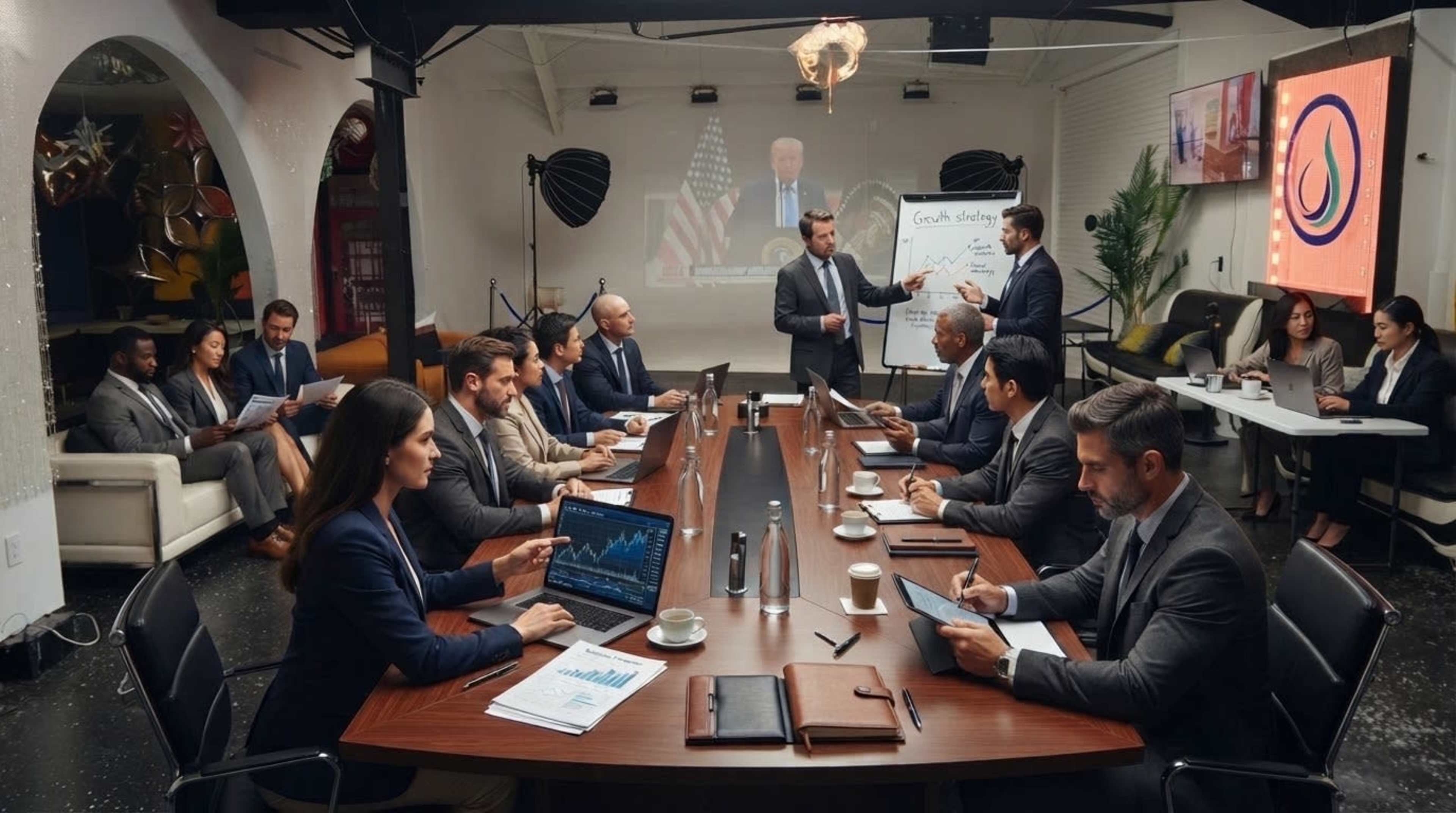 A group of professionals in business attire is gathered around a long conference table, engaged in a meeting with a presentation displayed on a screen.
