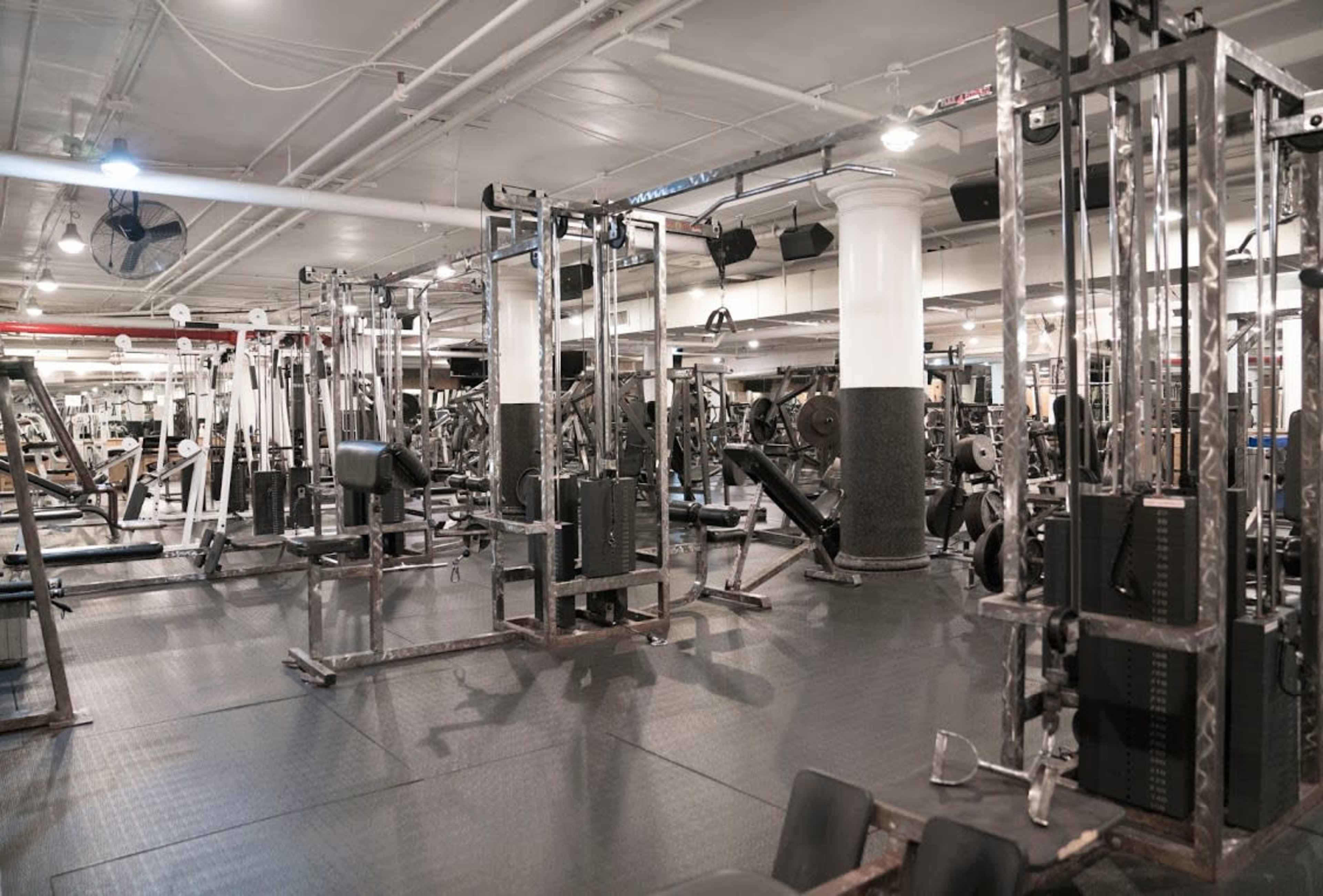 A spacious gym filled with various weightlifting equipment and exercise machines arranged around a rubber flooring surface.