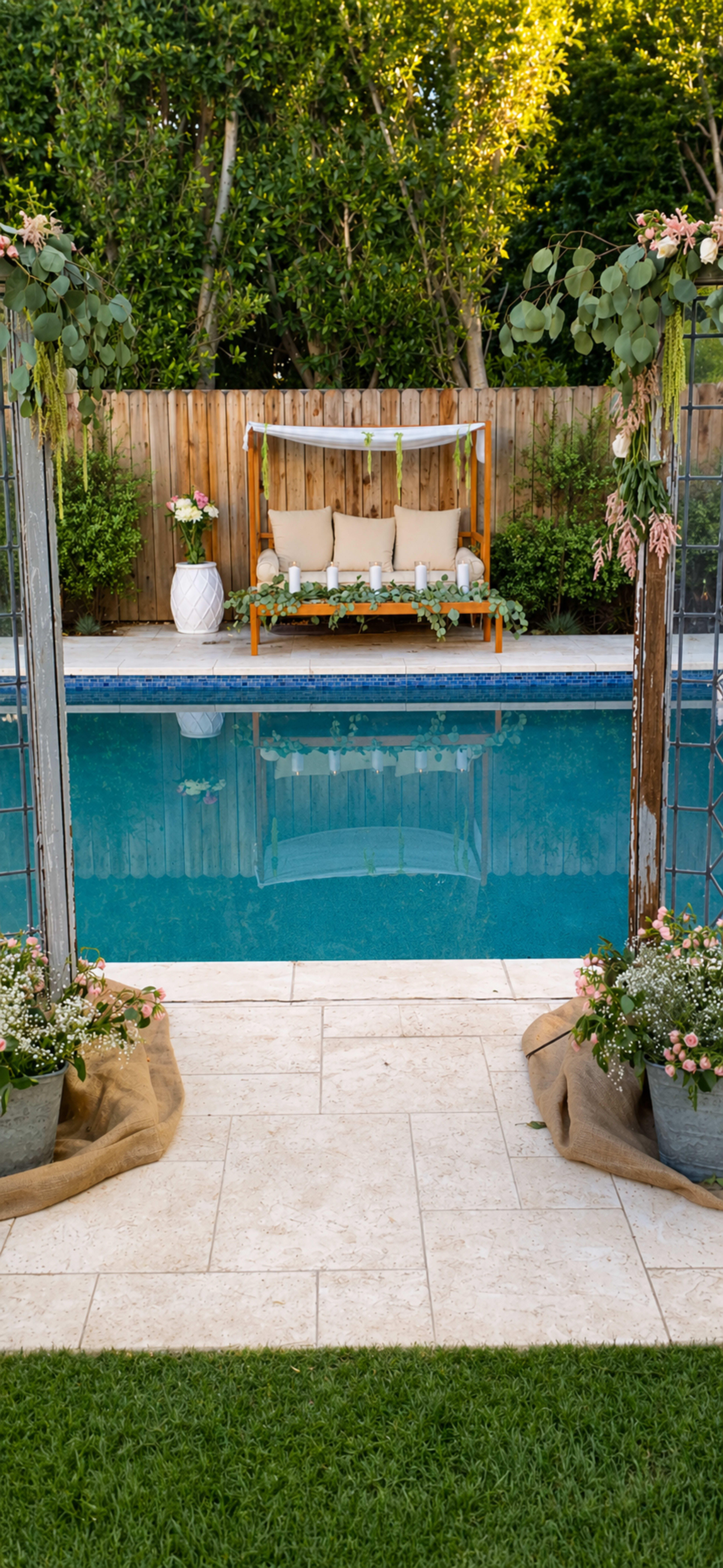 A wooden bench adorned with cushions and greenery is positioned by a clear swimming pool, framed by potted plants and decorative elements.