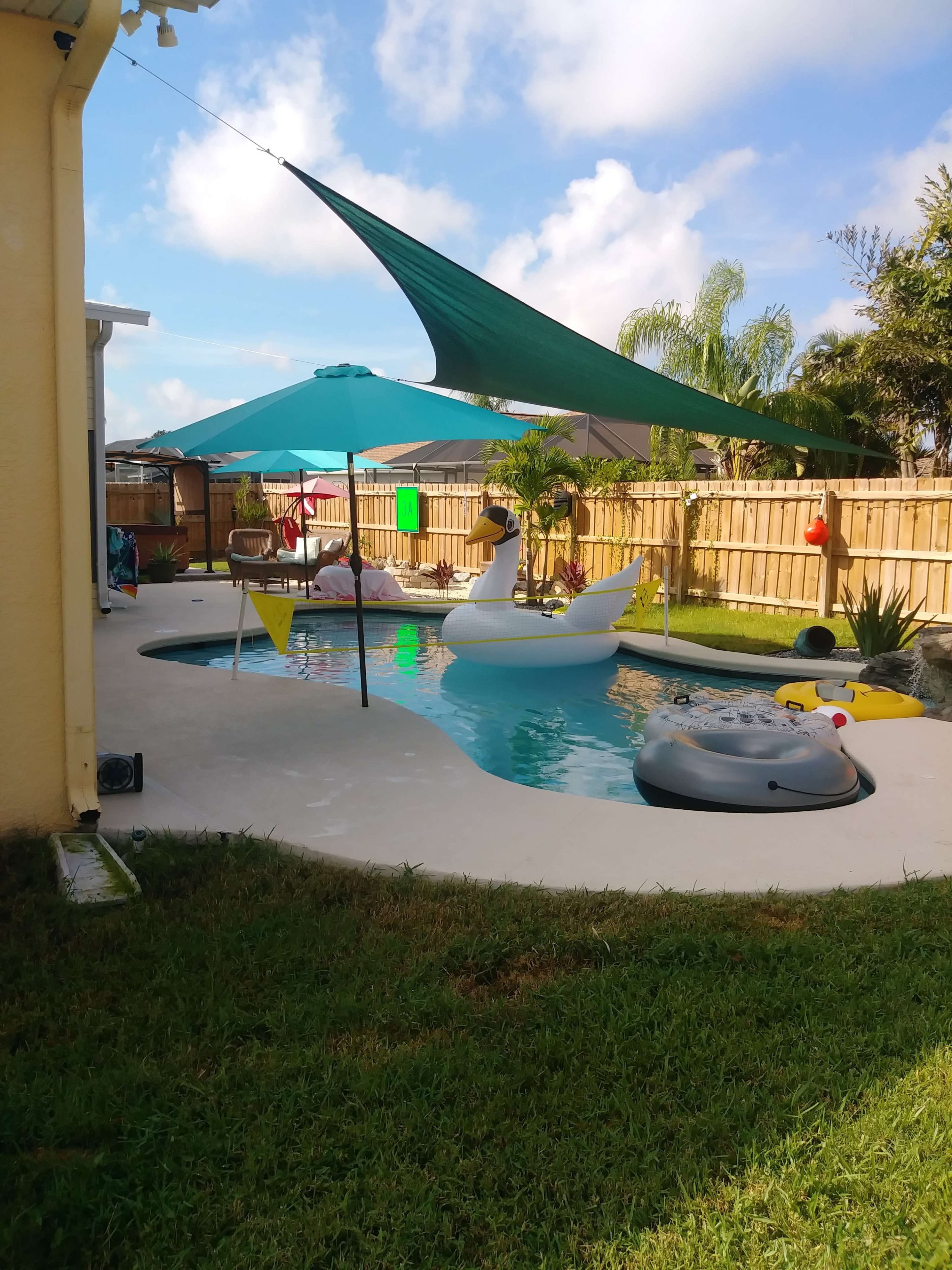 The scene features a backyard pool area with a large inflatable swan, an umbrella, and a shaded lounging space surrounded by green grass and palm trees.