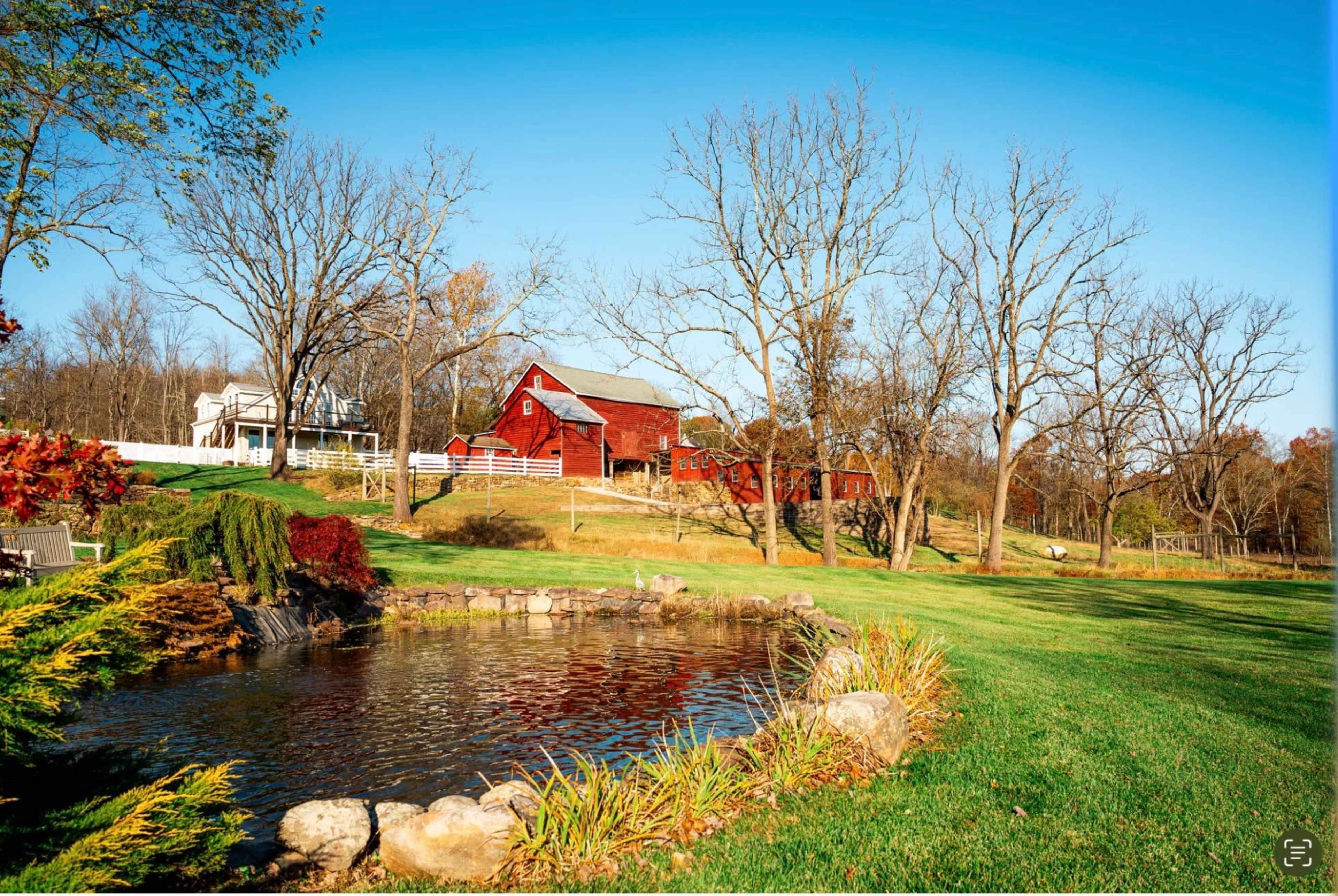 A red barn stands in a grassy field next to a pond, surrounded by bare trees and a blue sky.