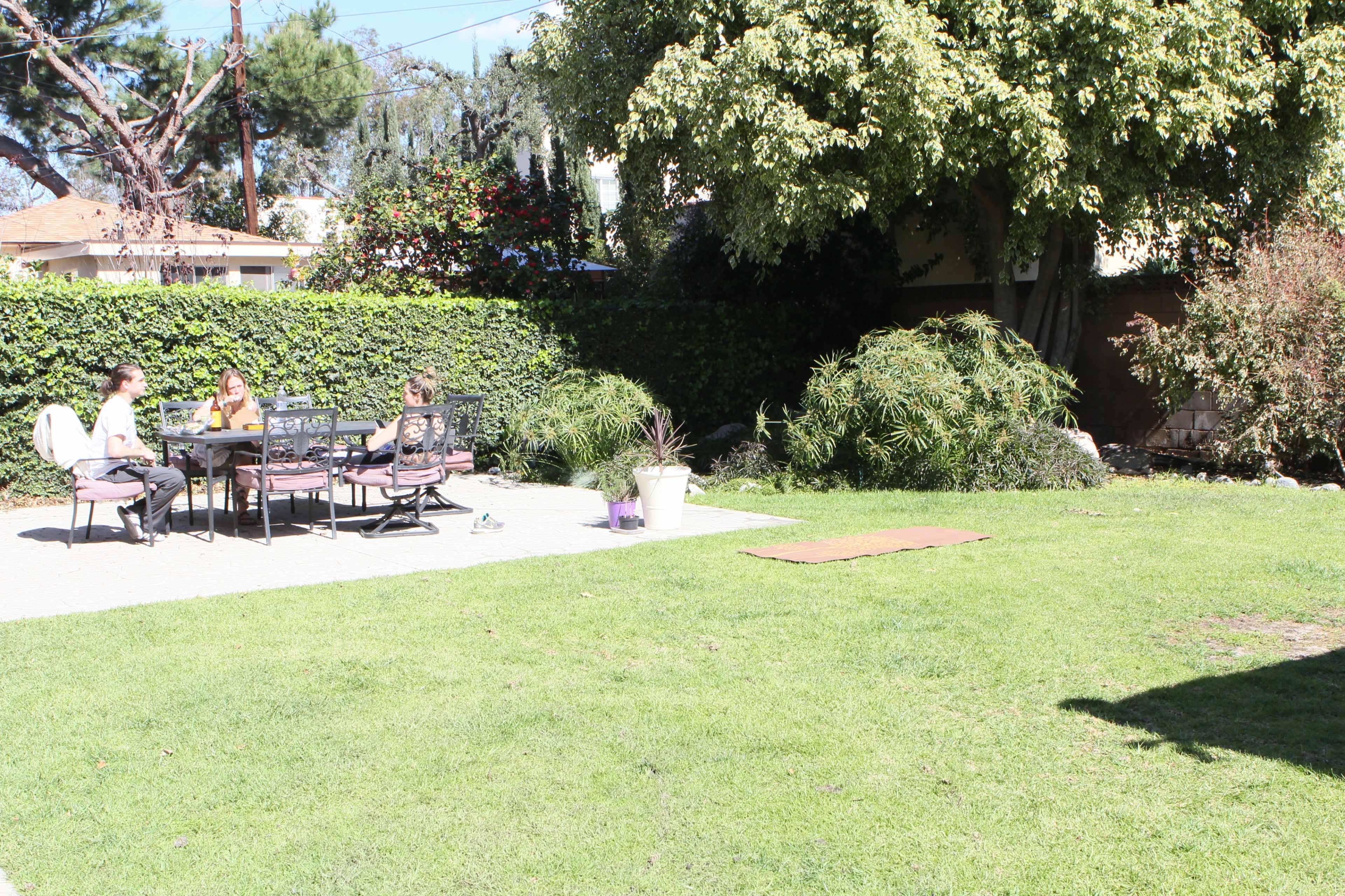 A group of three people sits around a table in a backyard, with greenery and shrubs in the background.