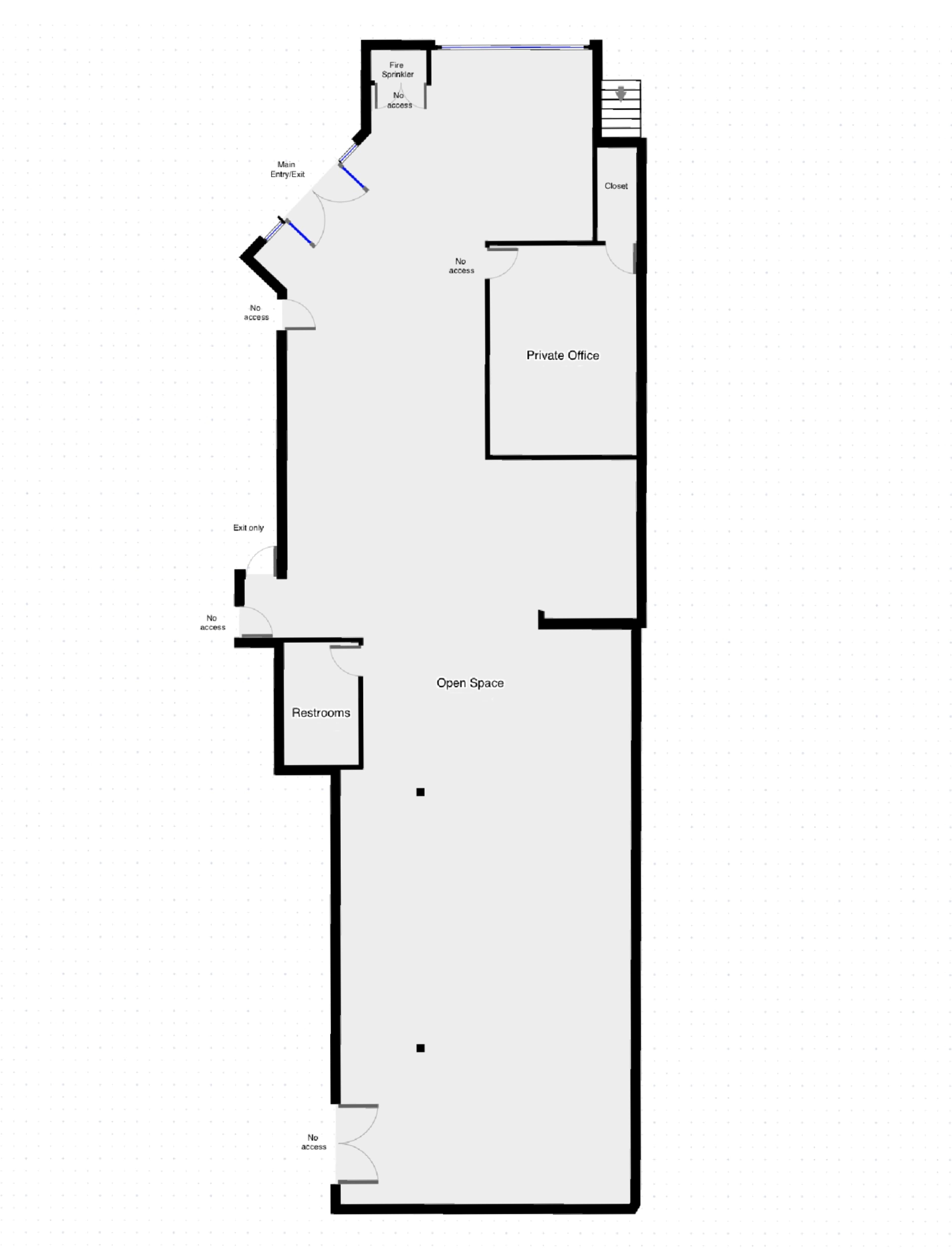 A floor plan of a rectangular space with labeled areas including an entry, restrooms, open space, and a private office.