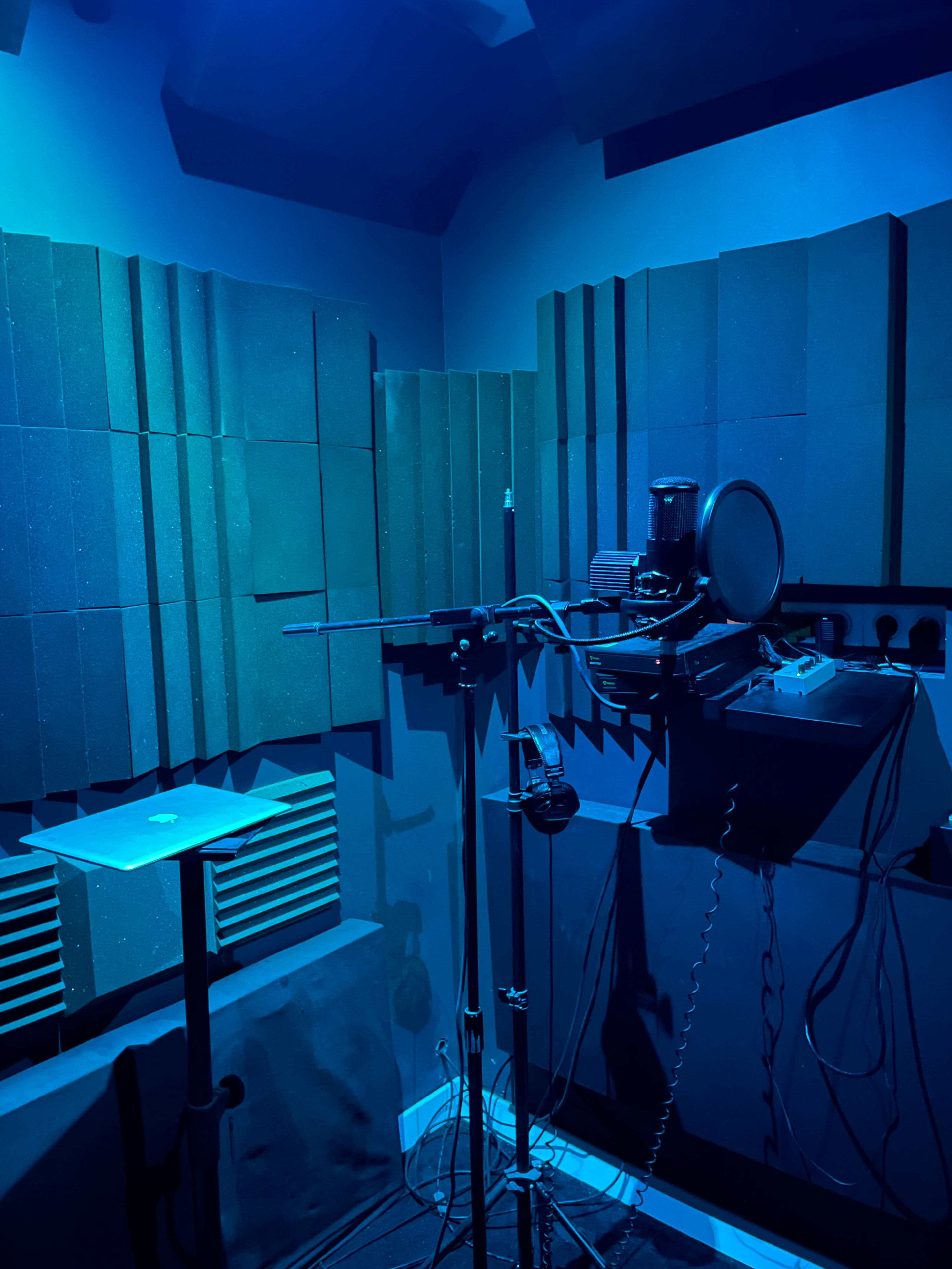 A soundproof recording studio with acoustic panels, a microphone on a stand, and a recording device.