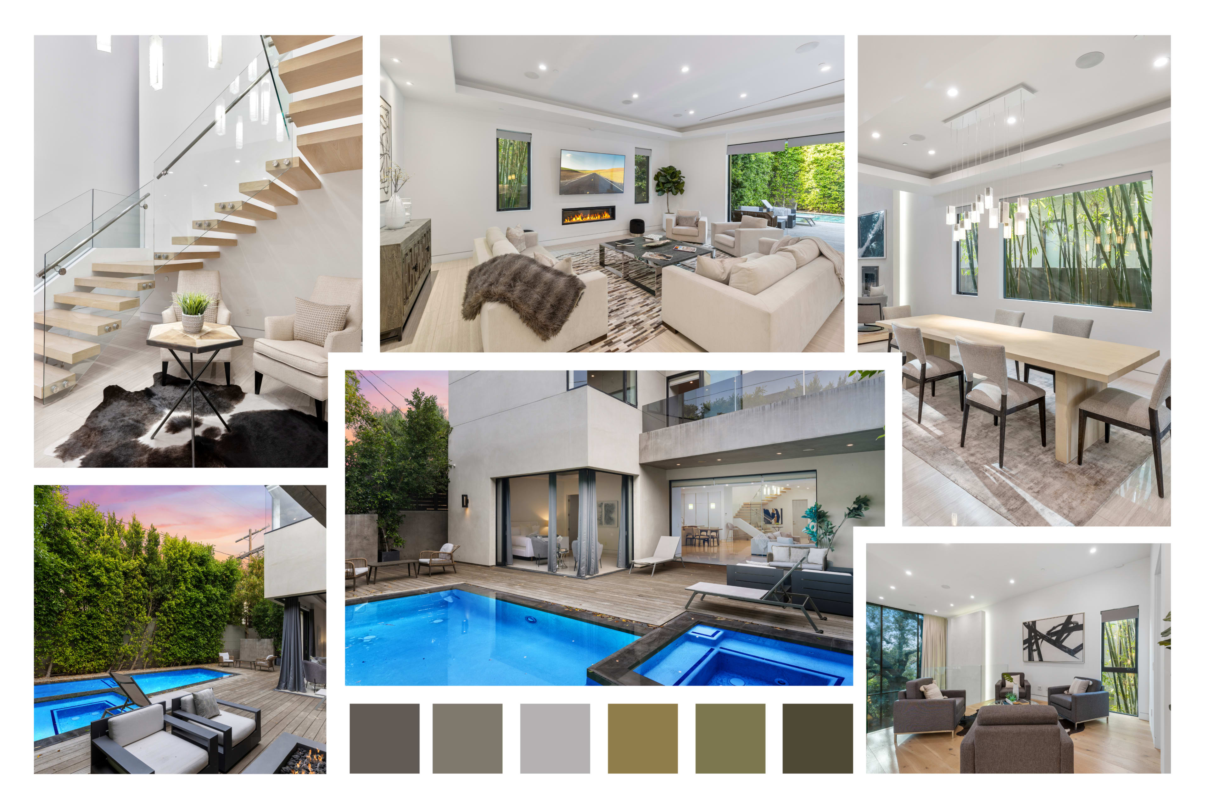 The image showcases a modern home interior and exterior with features including a sleek staircase, an open living area, a dining space, and an outdoor pool area surrounded by greenery.