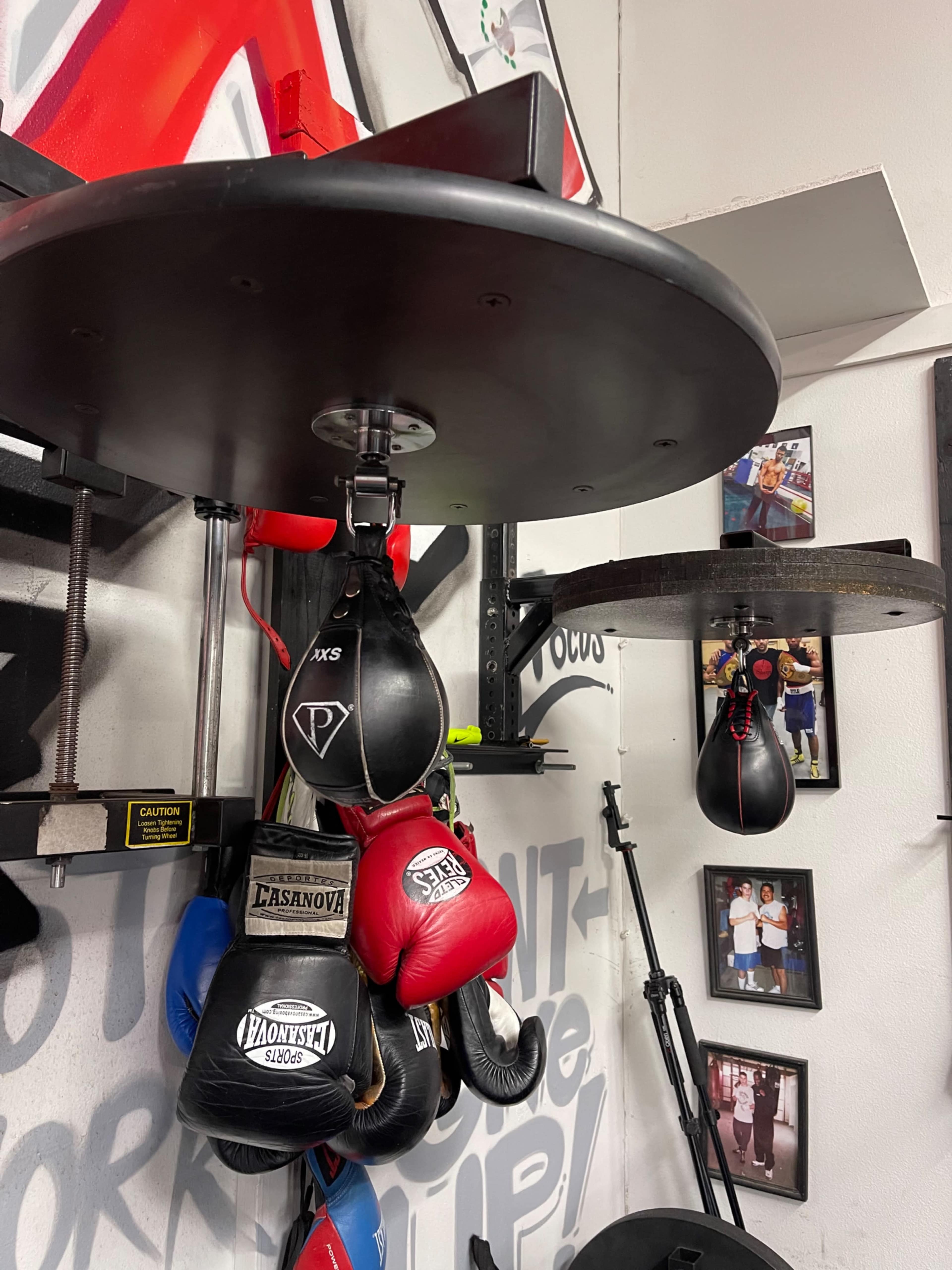 A boxing gym setup featuring two speed bags mounted on a wall, with various boxing gloves hanging below them.