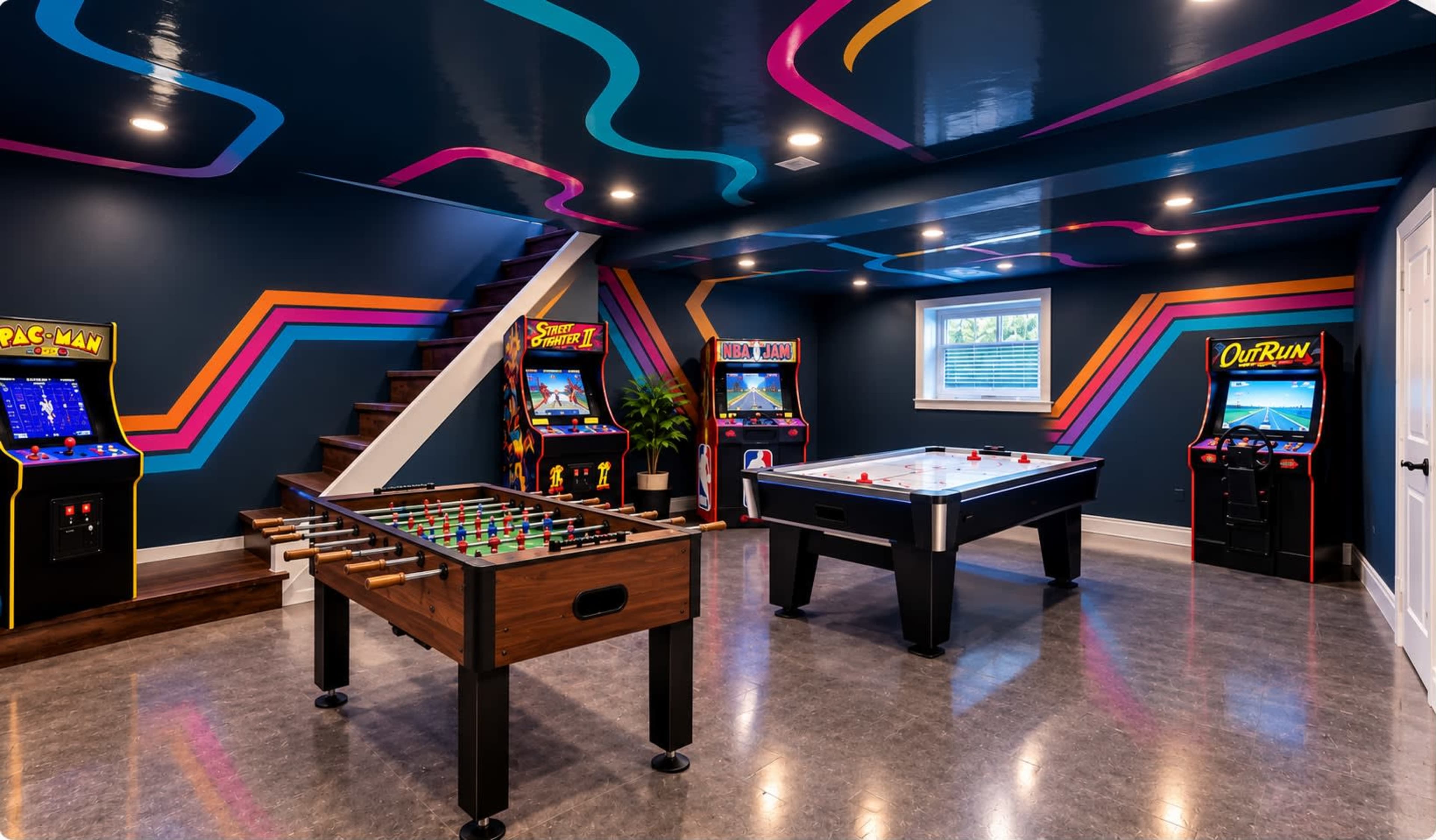 The image shows a modern game room featuring a foosball table, a pool table, and three arcade machines, with colorful geometric designs on the walls and lighting.