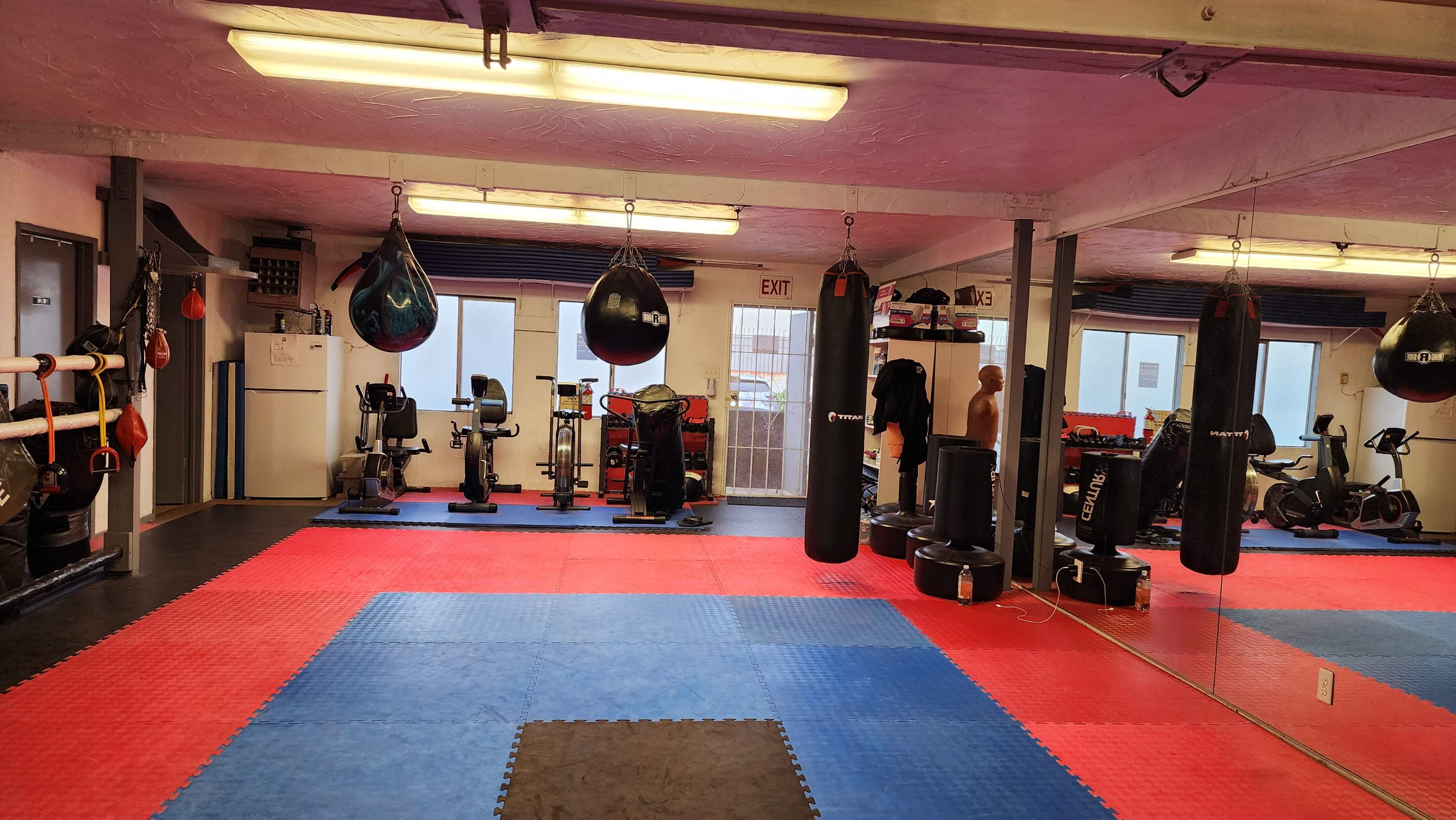 The image shows a training gym with hanging punching bags, exercise bikes, and various fitness equipment arranged on blue and red mats.