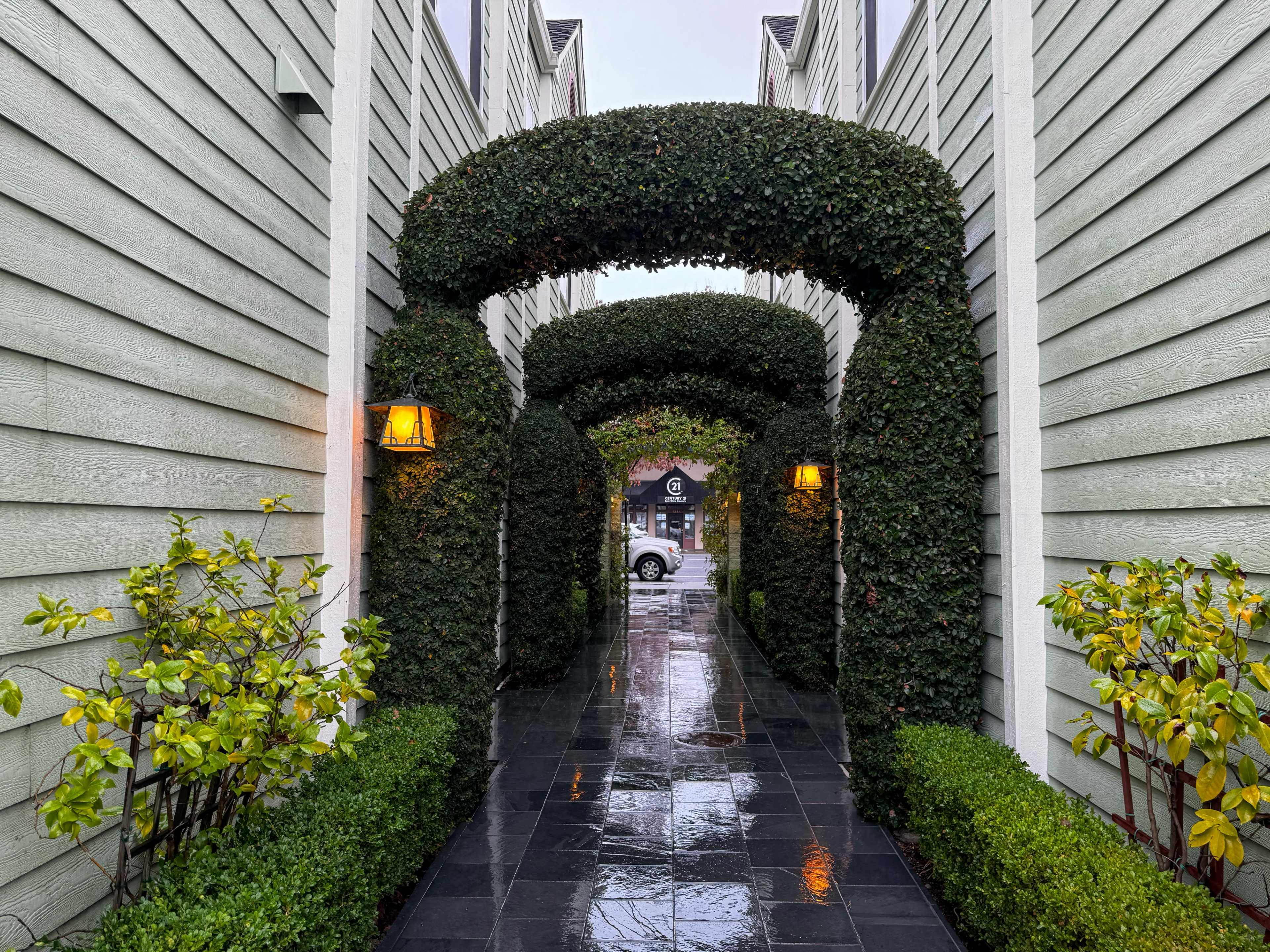 A pathway lined with hedges and lanterns leads to a street visible in the background.