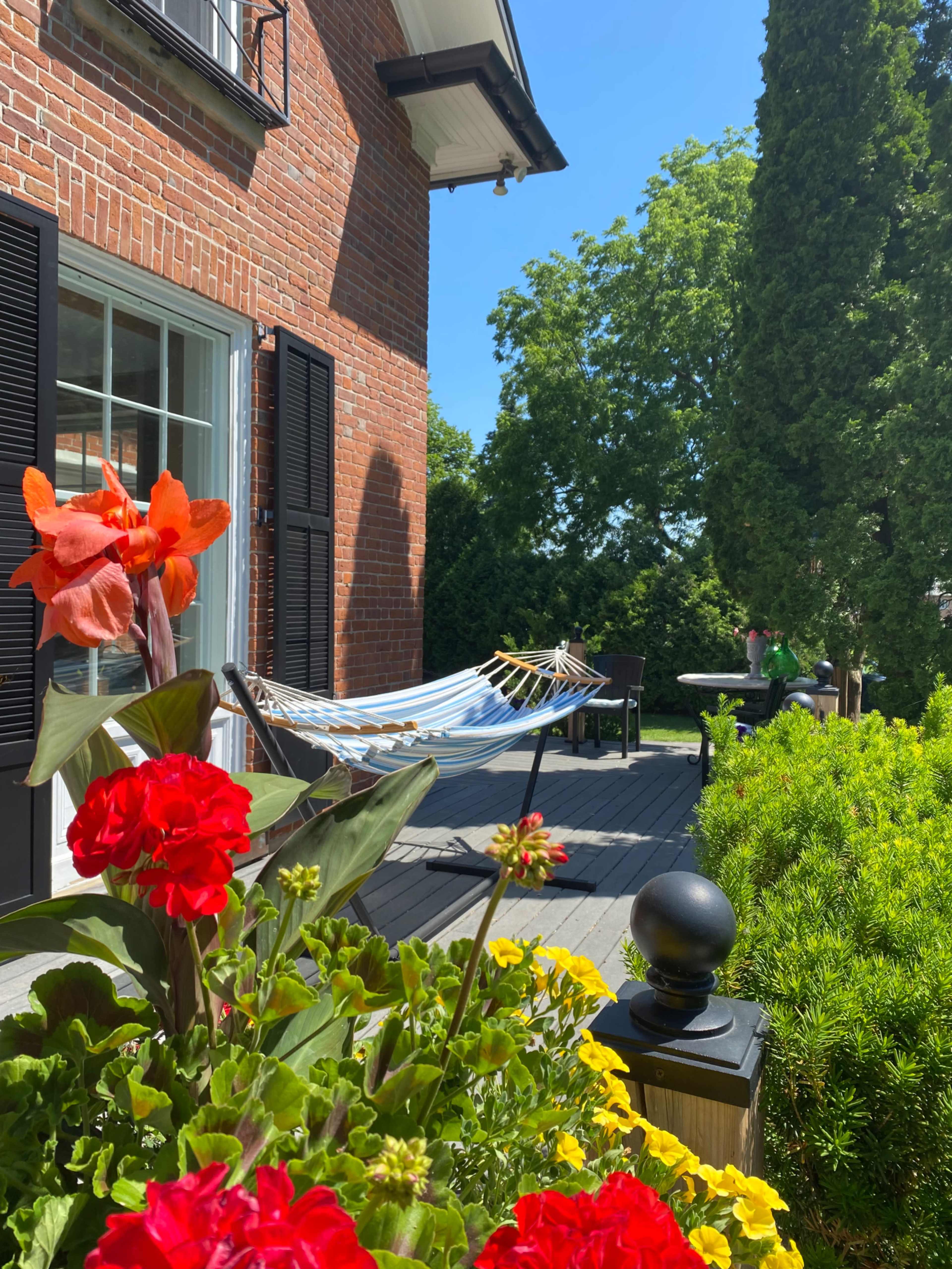 A hammock hangs between two trees on a sunny deck, surrounded by colorful flowers and greenery.