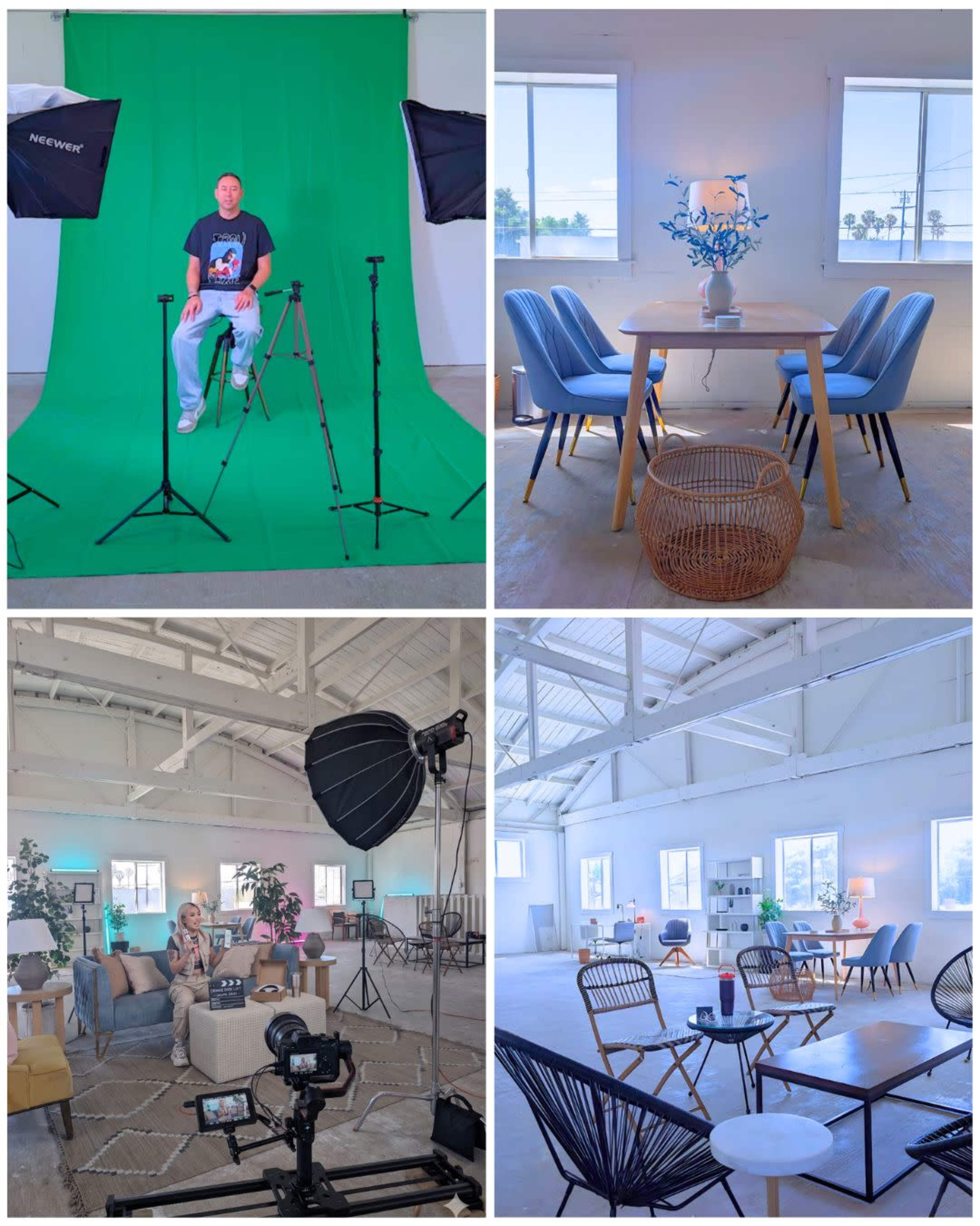 The image shows four distinct scenes: a person sitting in front of a green screen with lighting equipment, a dining area with a table and chairs, a filming setup with a camera and actors in a living room, and a spacious, well-lit common area with various seating options.