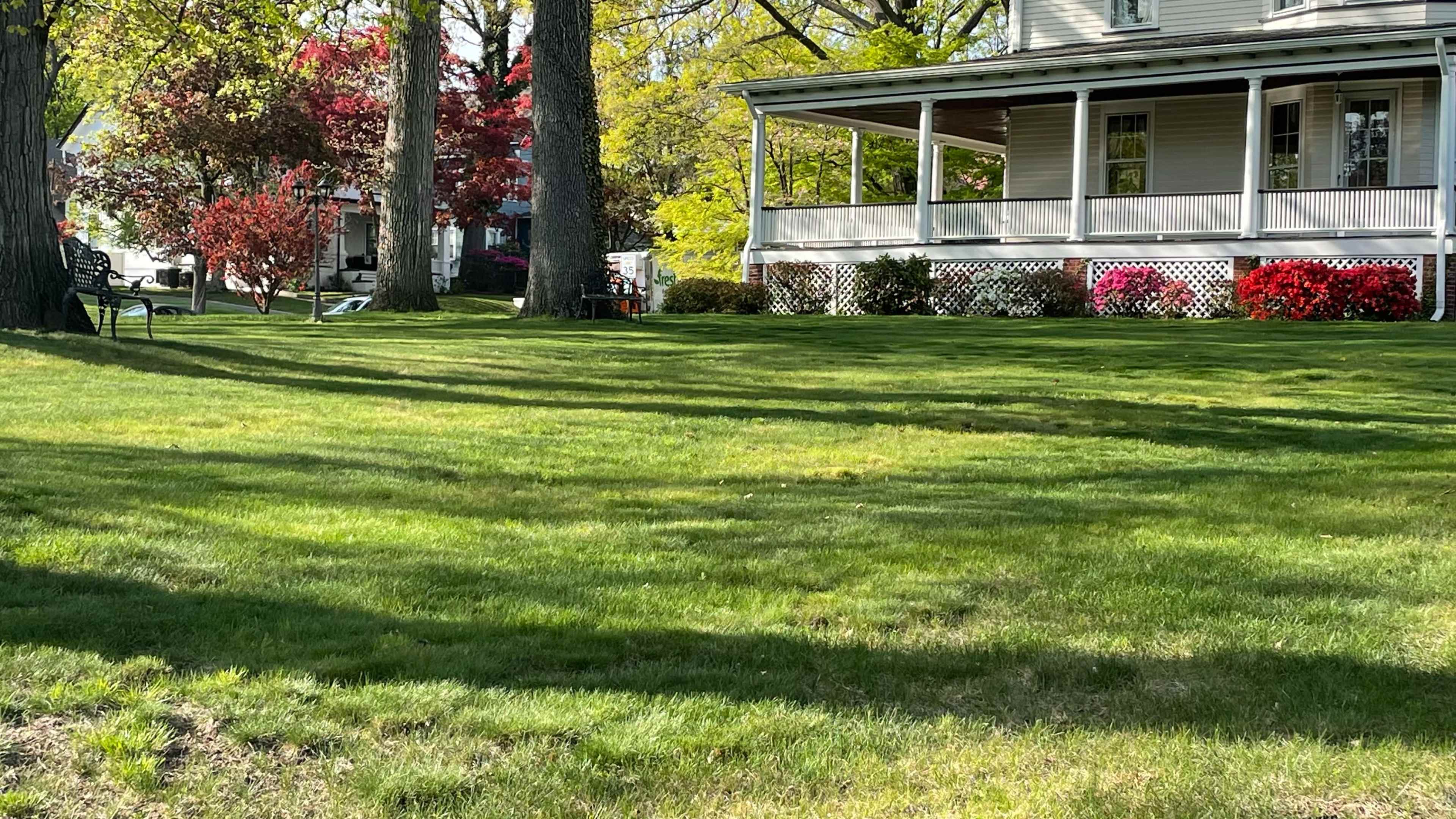 The image shows a well-maintained grassy lawn in front of a house, surrounded by trees, with colorful shrubs in bloom.