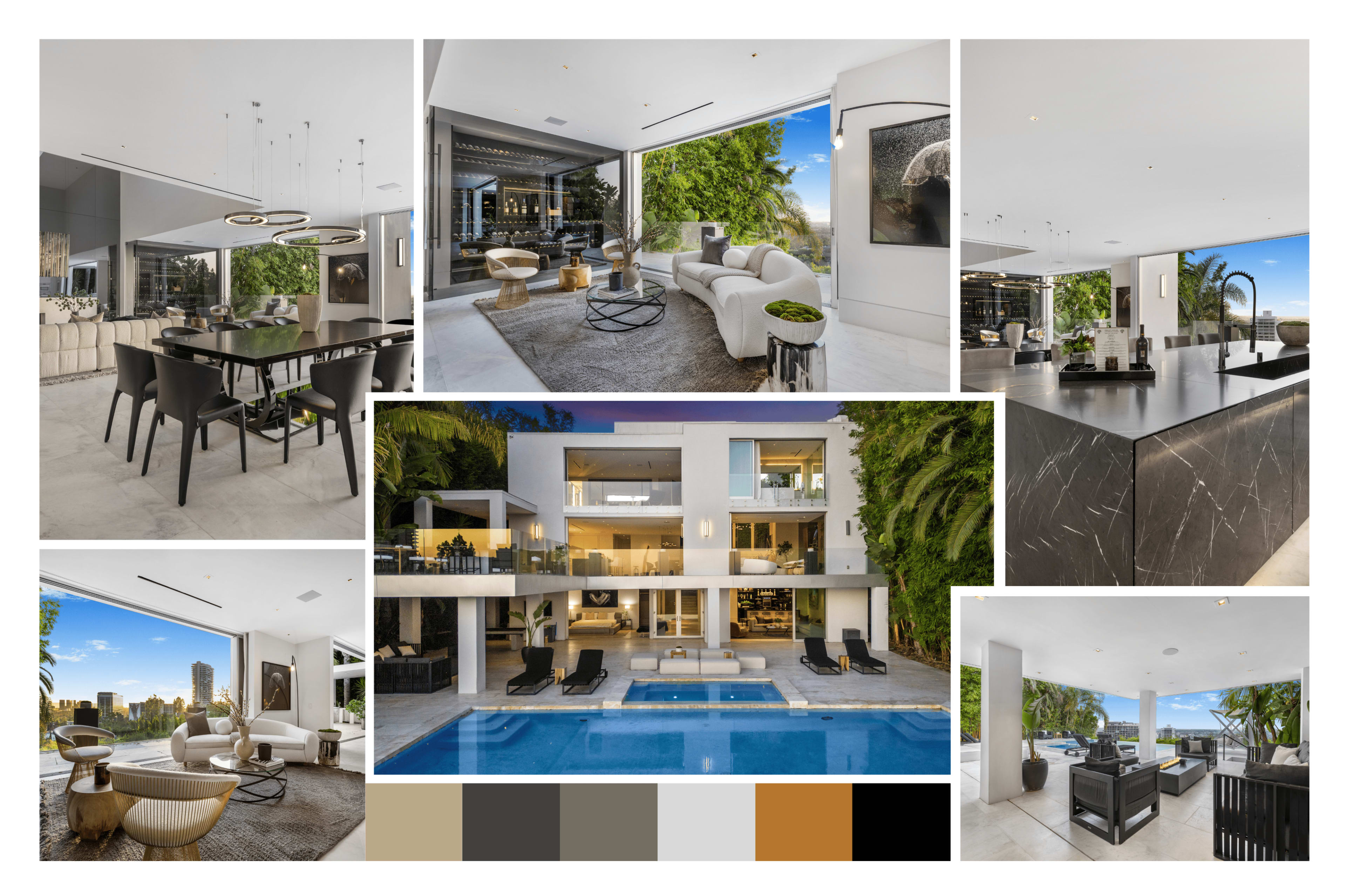 The image showcases a modern luxury home featuring a spacious interior design with open living areas, a dining space, a kitchen, and an outdoor pool surrounded by lounge chairs.