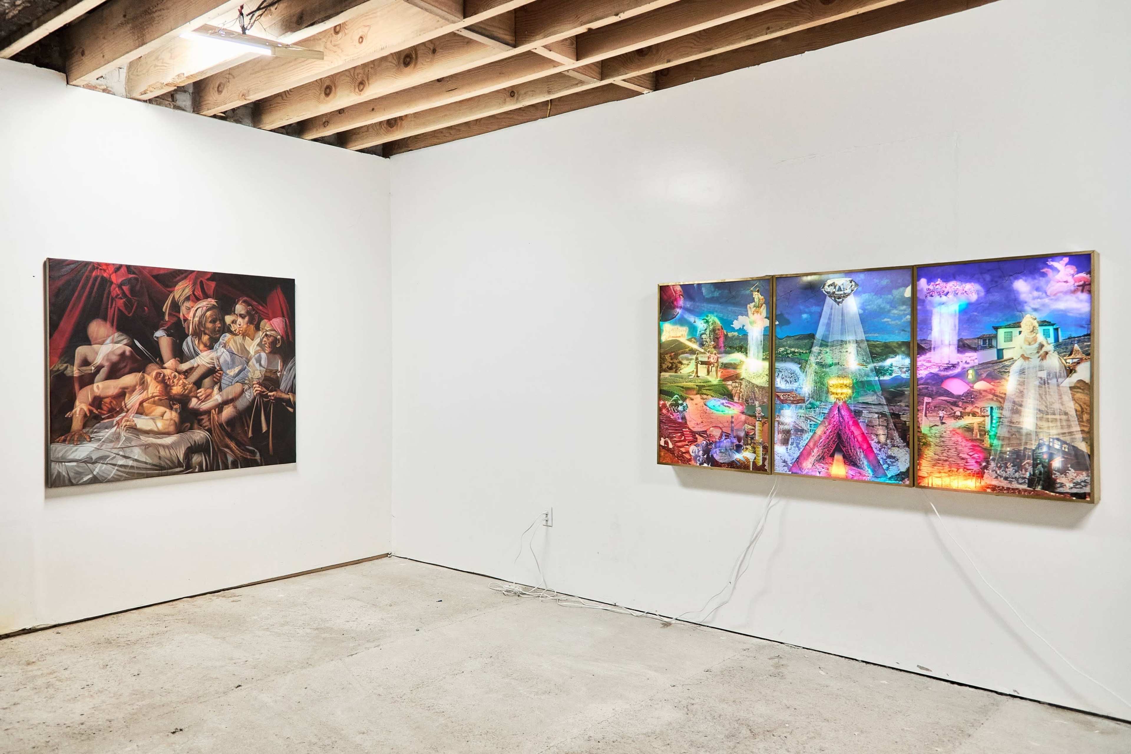 The image shows an art gallery with two contrasting artwork installations displayed on white walls: one on the left features a dramatic, classical-style painting, while the right showcases a vibrant, multi-panel piece with bright colors and surreal elements.