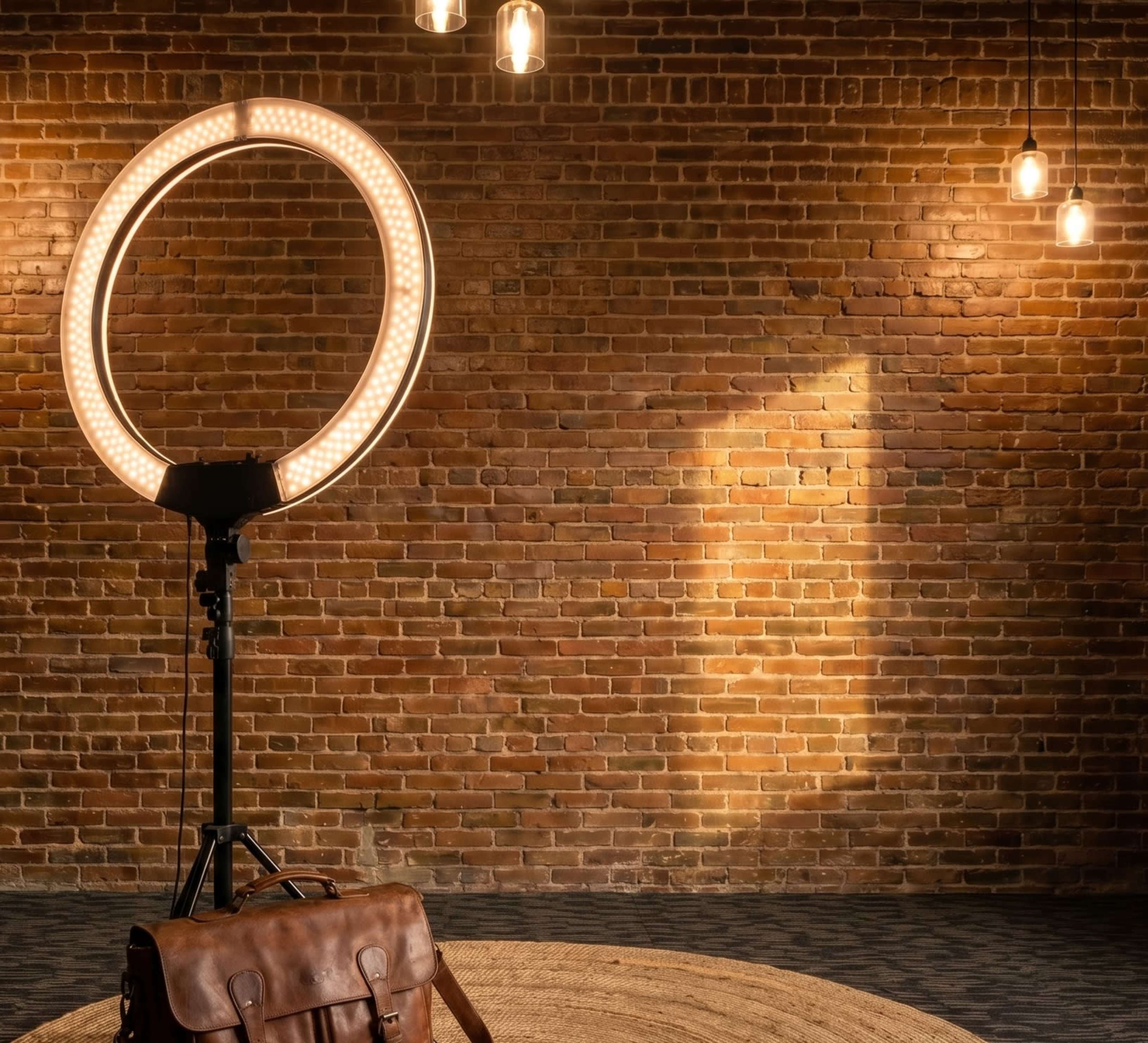 A circular ring light stands on a tripod in front of a brick wall, beside a brown leather bag resting on a woven rug.