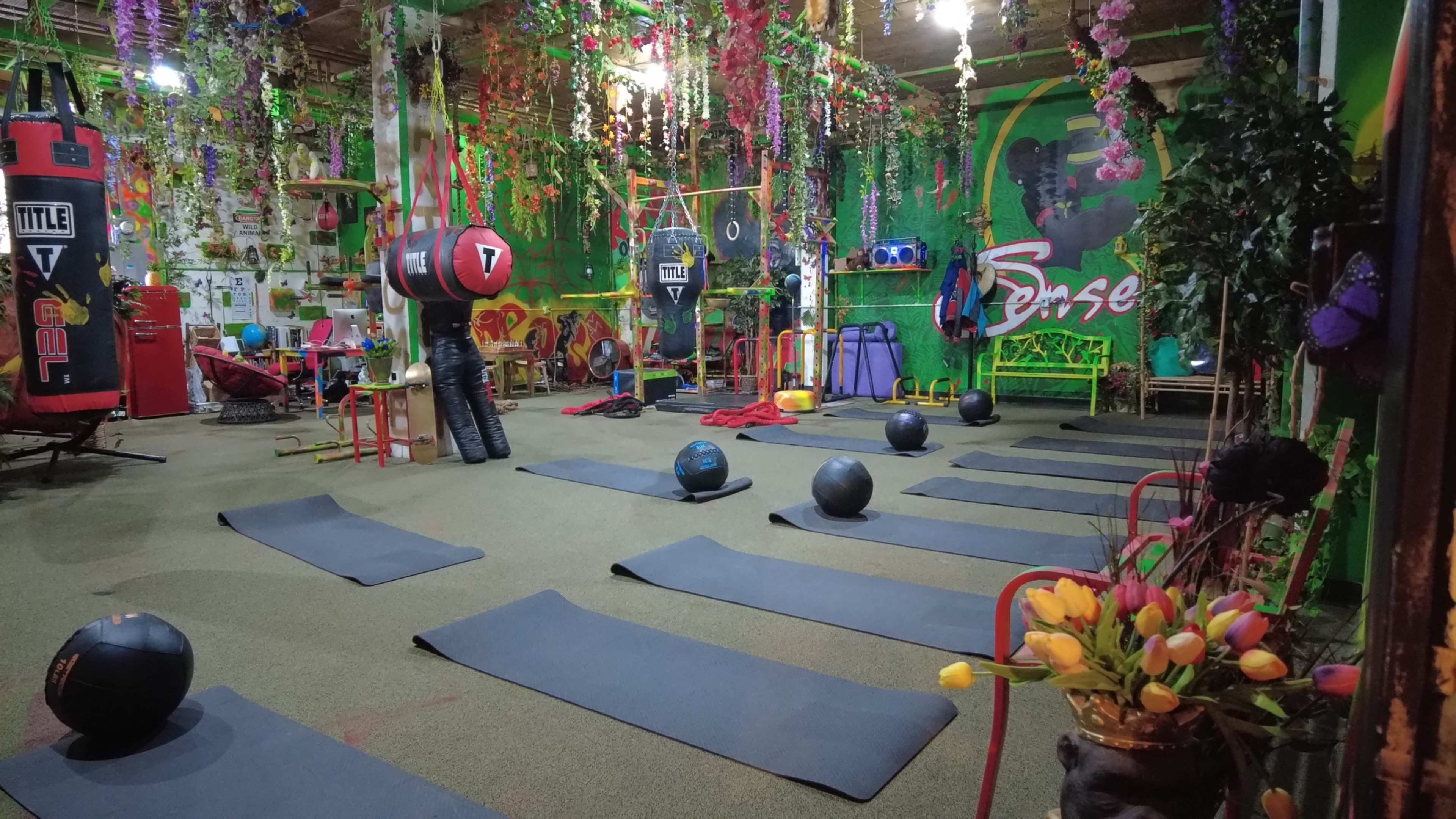 An indoor gym decorated with colorful plants and equipment, featuring exercise mats, punching bags, and fitness balls arranged throughout the space.