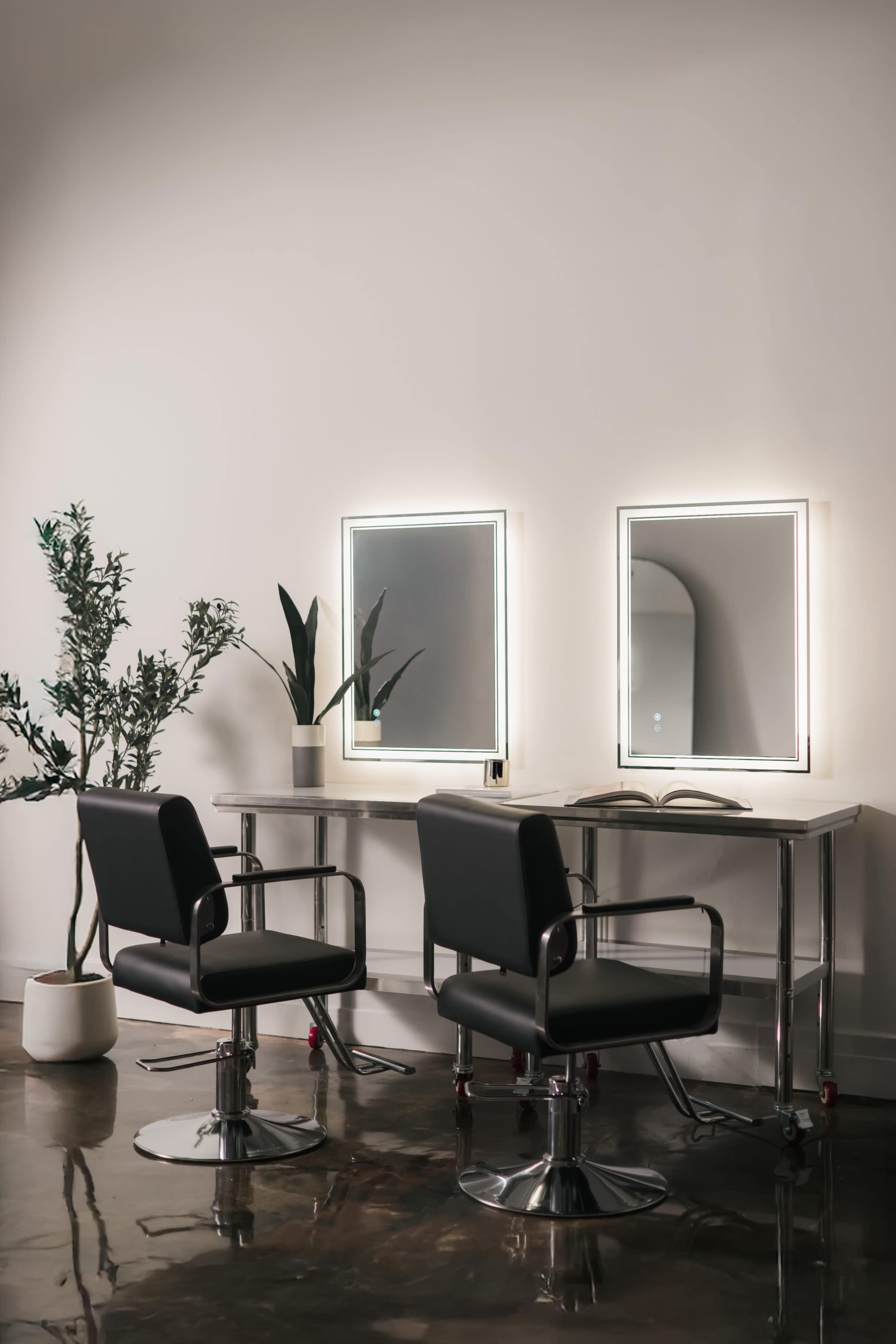 The image shows a minimalist hair salon interior featuring two mirrors above a table and two black chairs beside a potted plant.