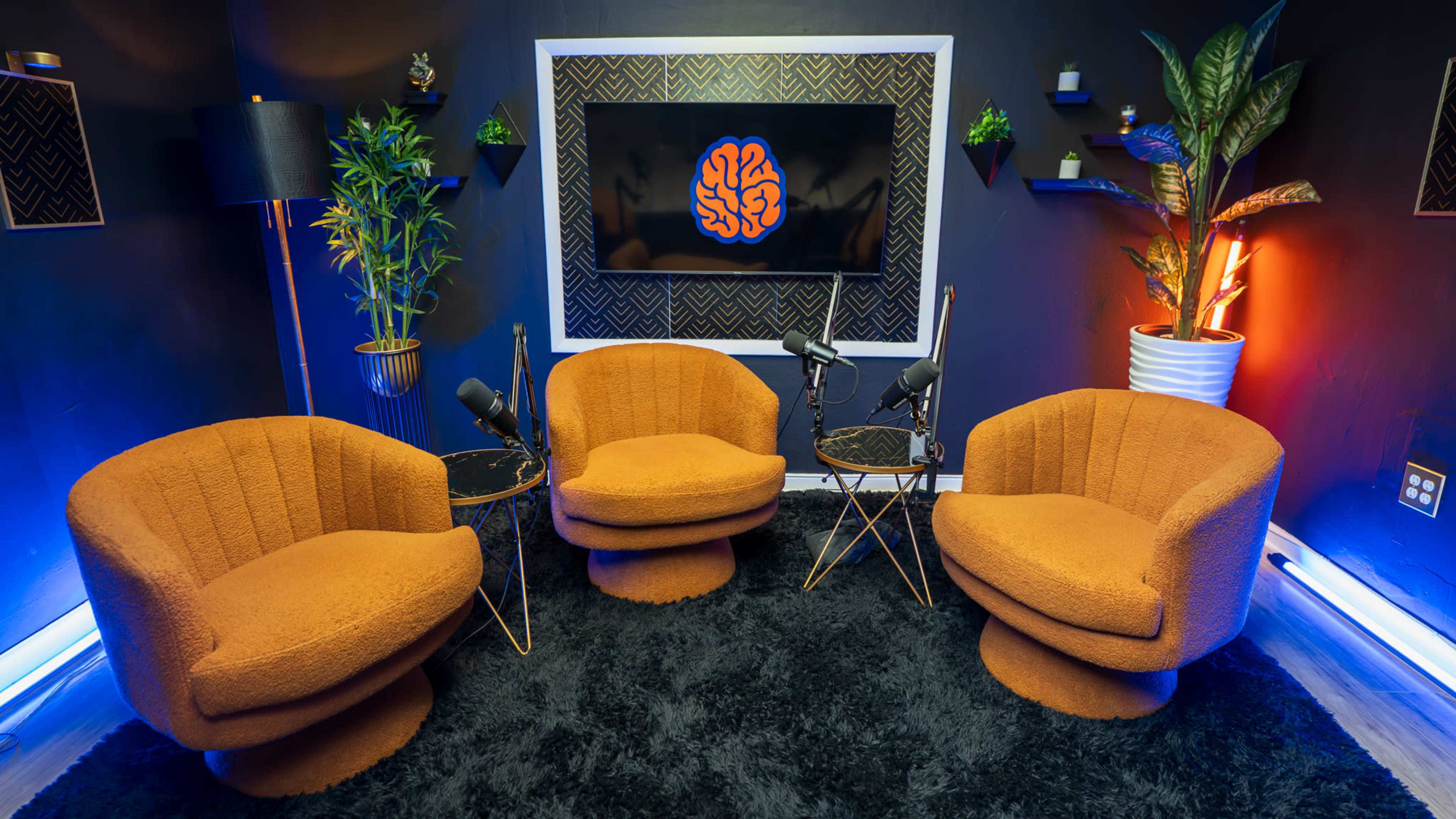 The image shows a modern studio setting with three orange armchairs arranged around a small table, a black wall featuring a TV with a brain logo, and decorative plants.