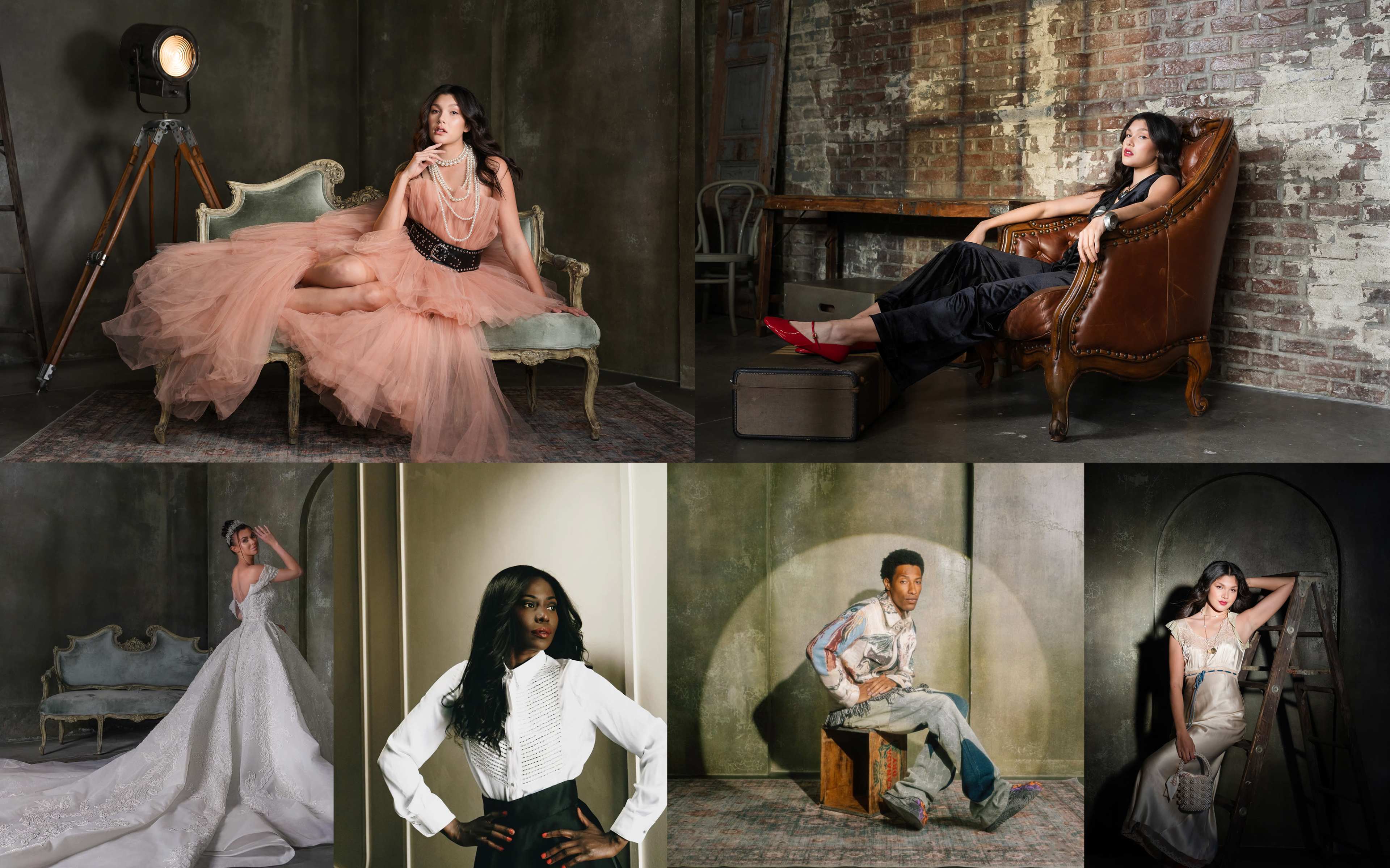 A collage of six fashion portraits set in a vintage-inspired studio with exposed brick walls and varied seating arrangements.