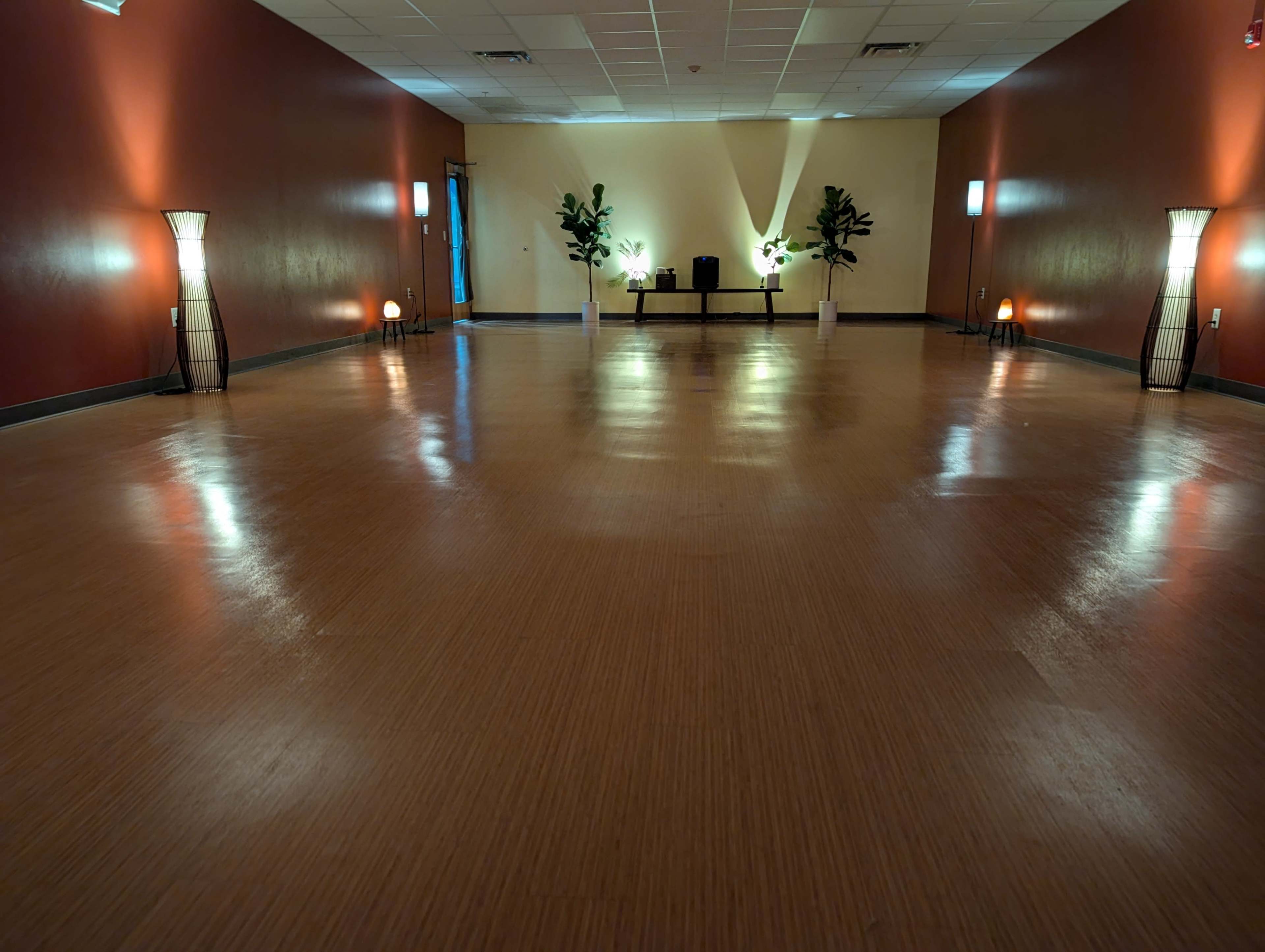 The image shows a spacious, empty room with smooth, polished flooring, soft lighting, and a few decorative plants.
