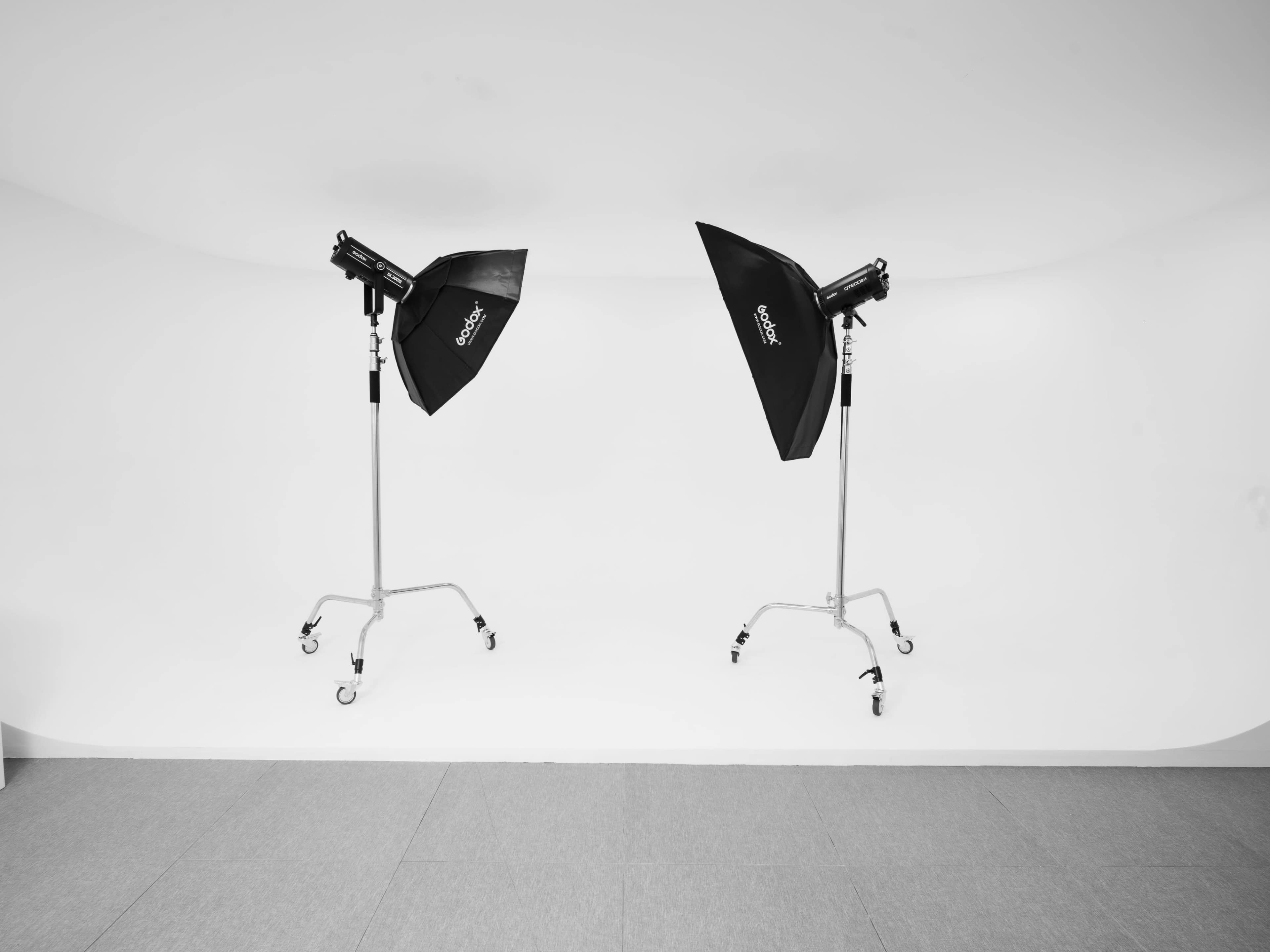 Two studio light stands with black softboxes are positioned on a white backdrop.