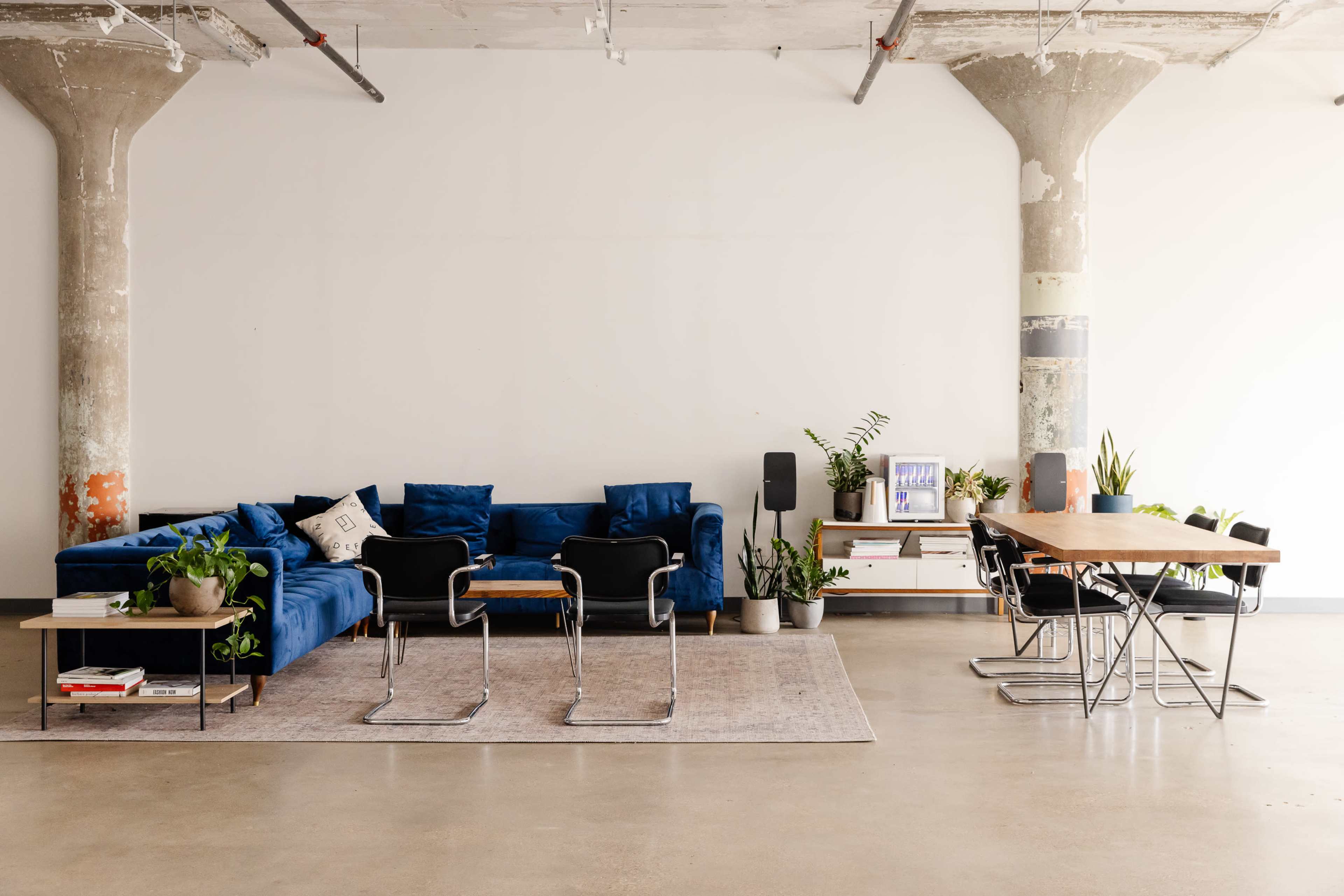 A modern, minimalistic living space featuring a blue sectional sofa, two black chairs, a wooden dining table, and various indoor plants in a well-lit room with concrete pillars.