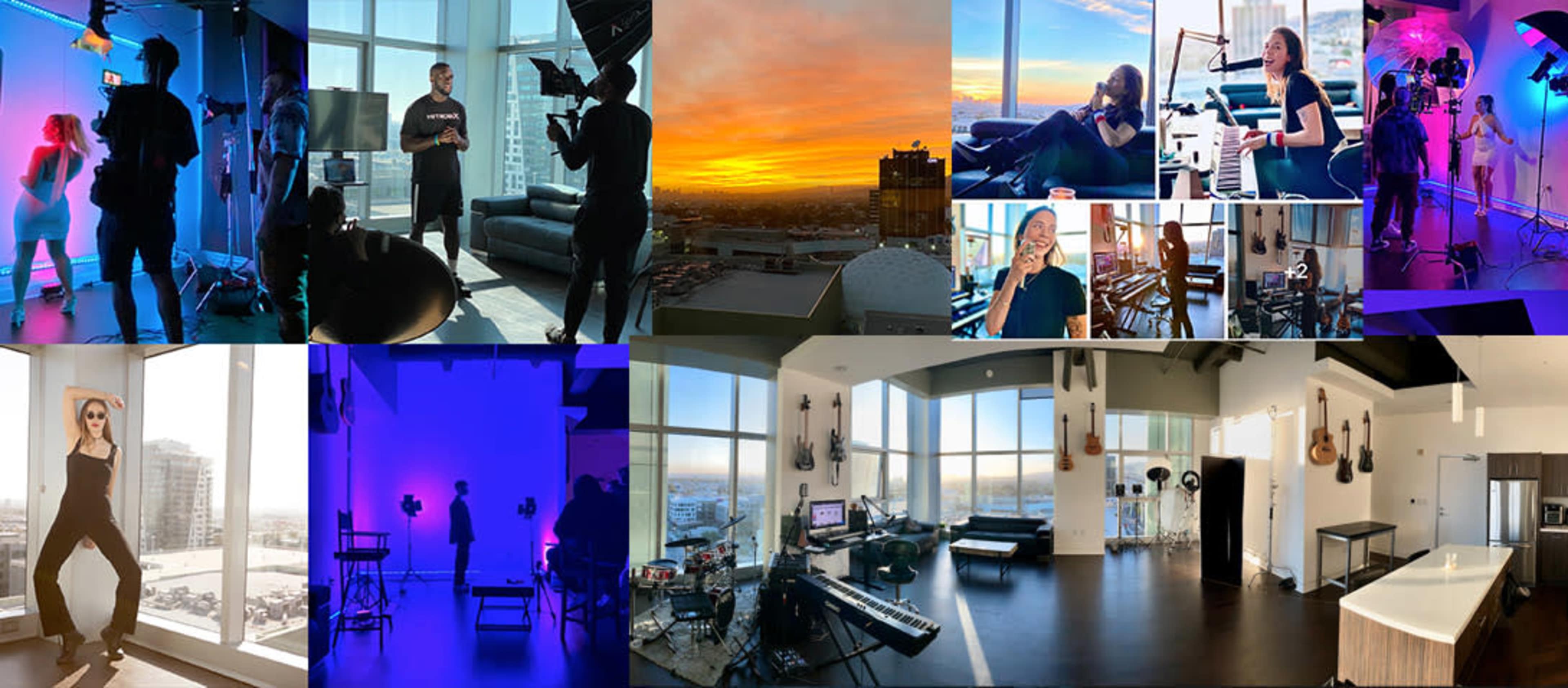 The image showcases various scenes from a videography studio, including professionals setting up equipment, musicians playing instruments, and panoramic views of a city skyline.