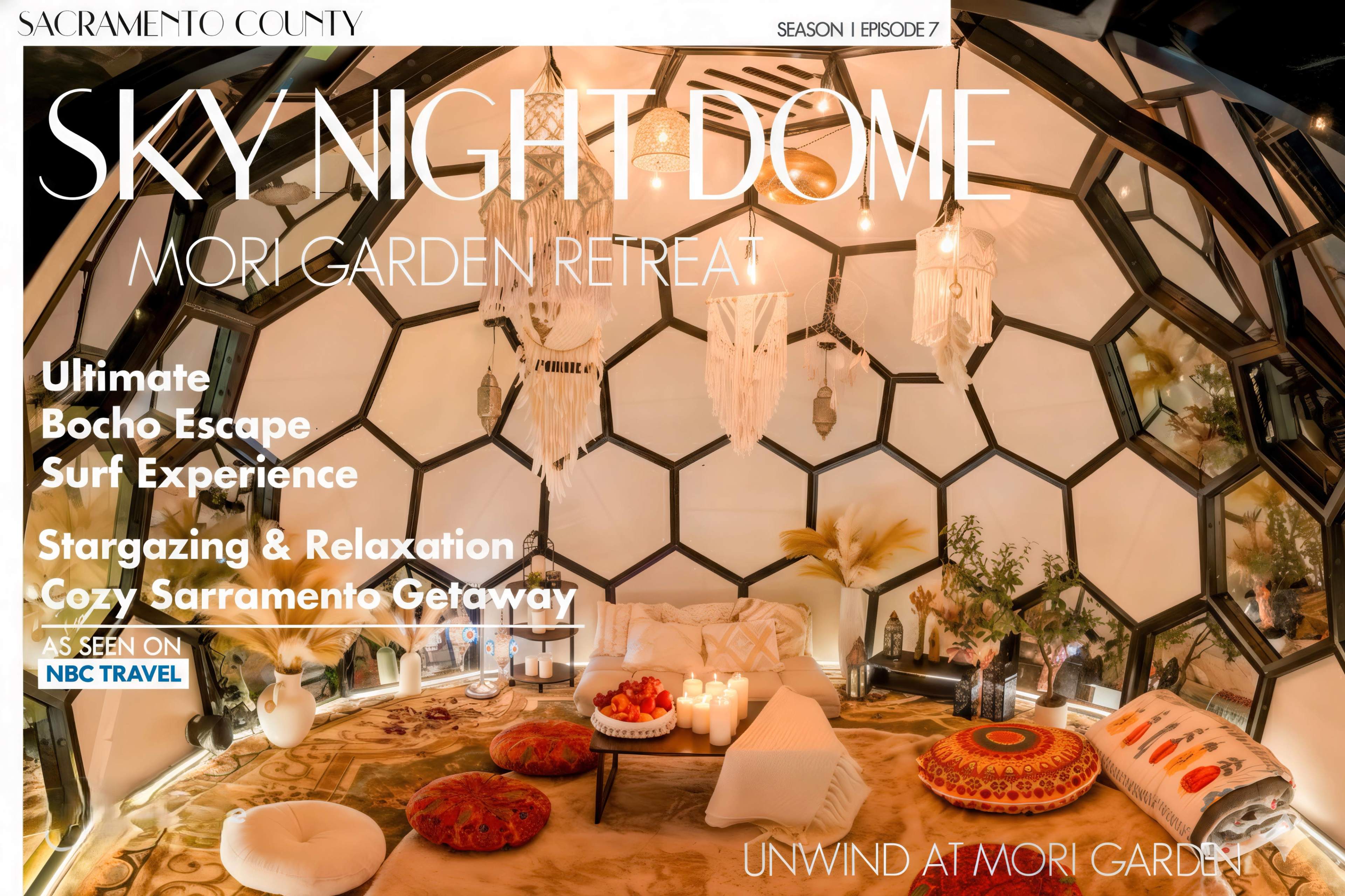 The image features a cozy indoor space with a hexagonal dome design, furnished with colorful cushions and decorative rugs, inviting relaxation and stargazing.