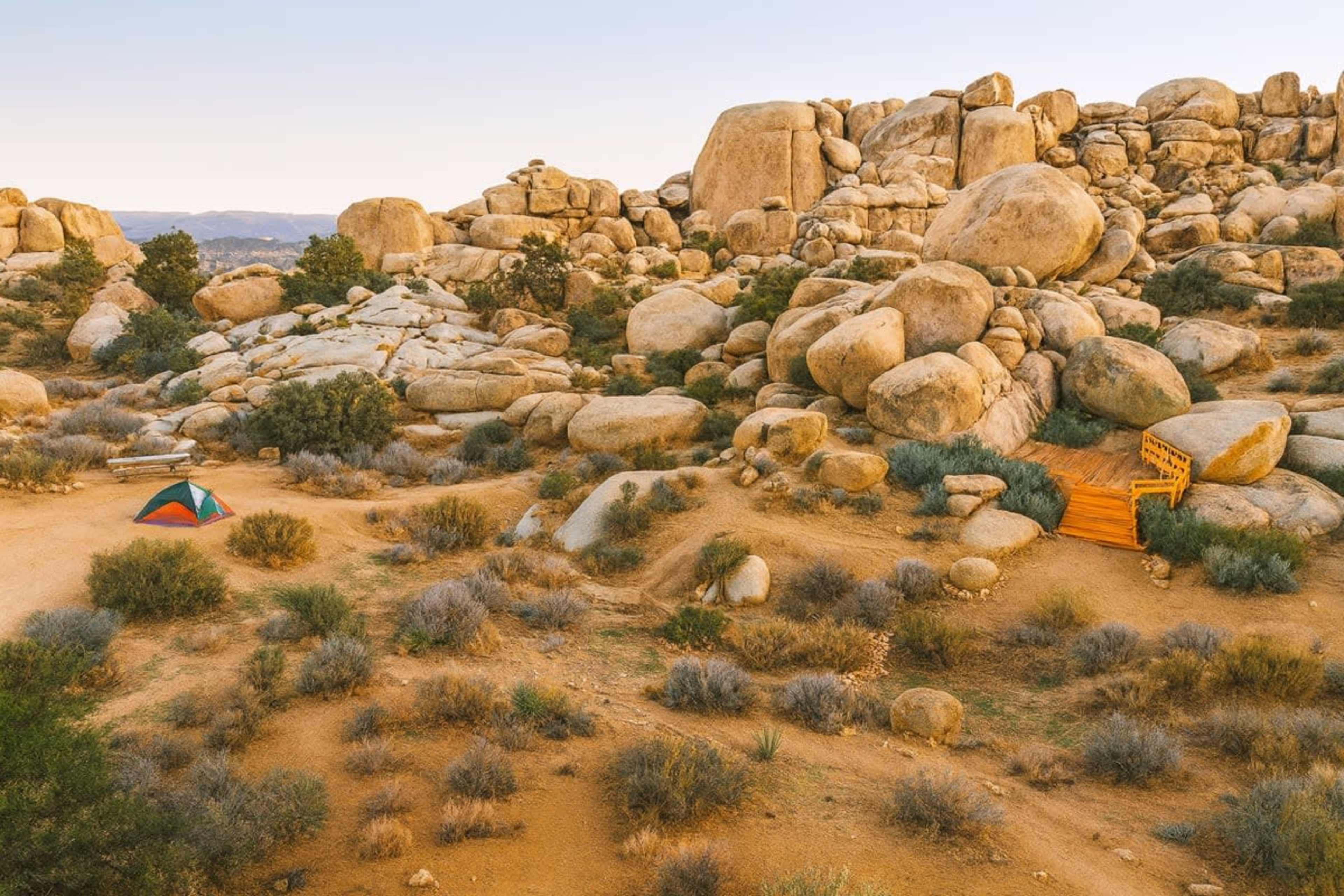 A colorful tent is pitched near a cluster of large boulders in a desert landscape with sparse vegetation.