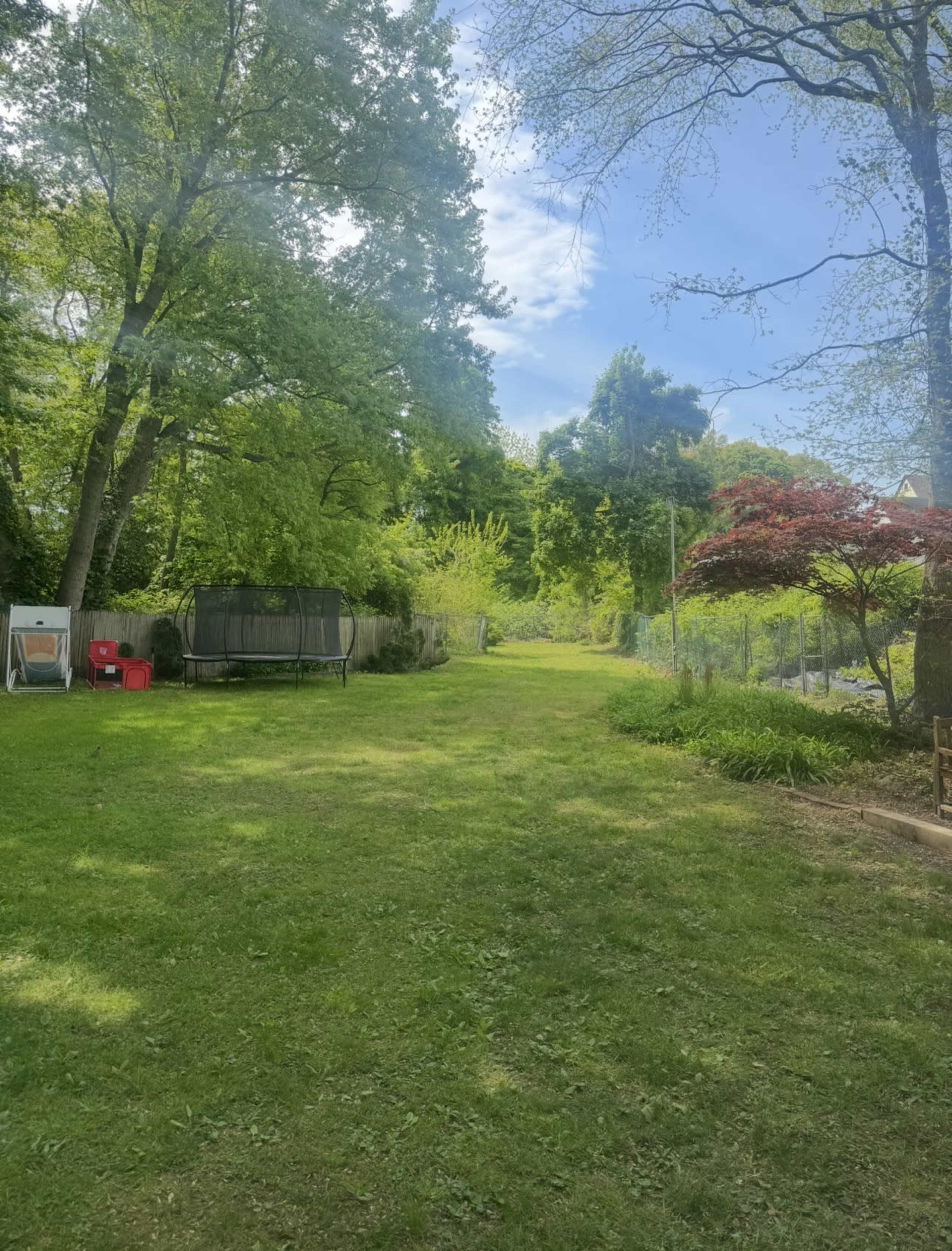 The image shows a grassy path lined with trees, leading into a green space with shrubs and a few outdoor structures.