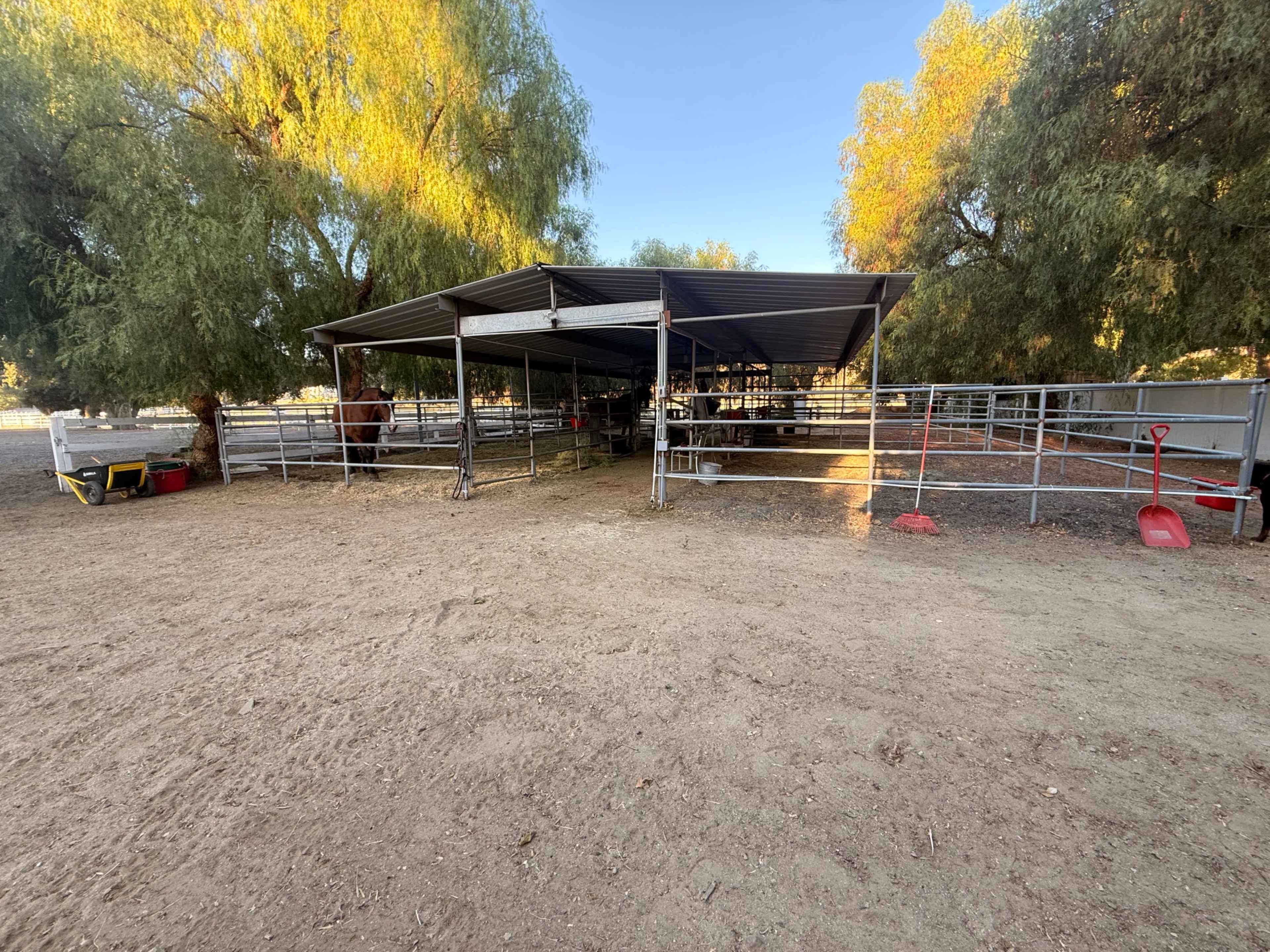 A covered horse shelter with fenced pens is situated under large trees in a sandy area.