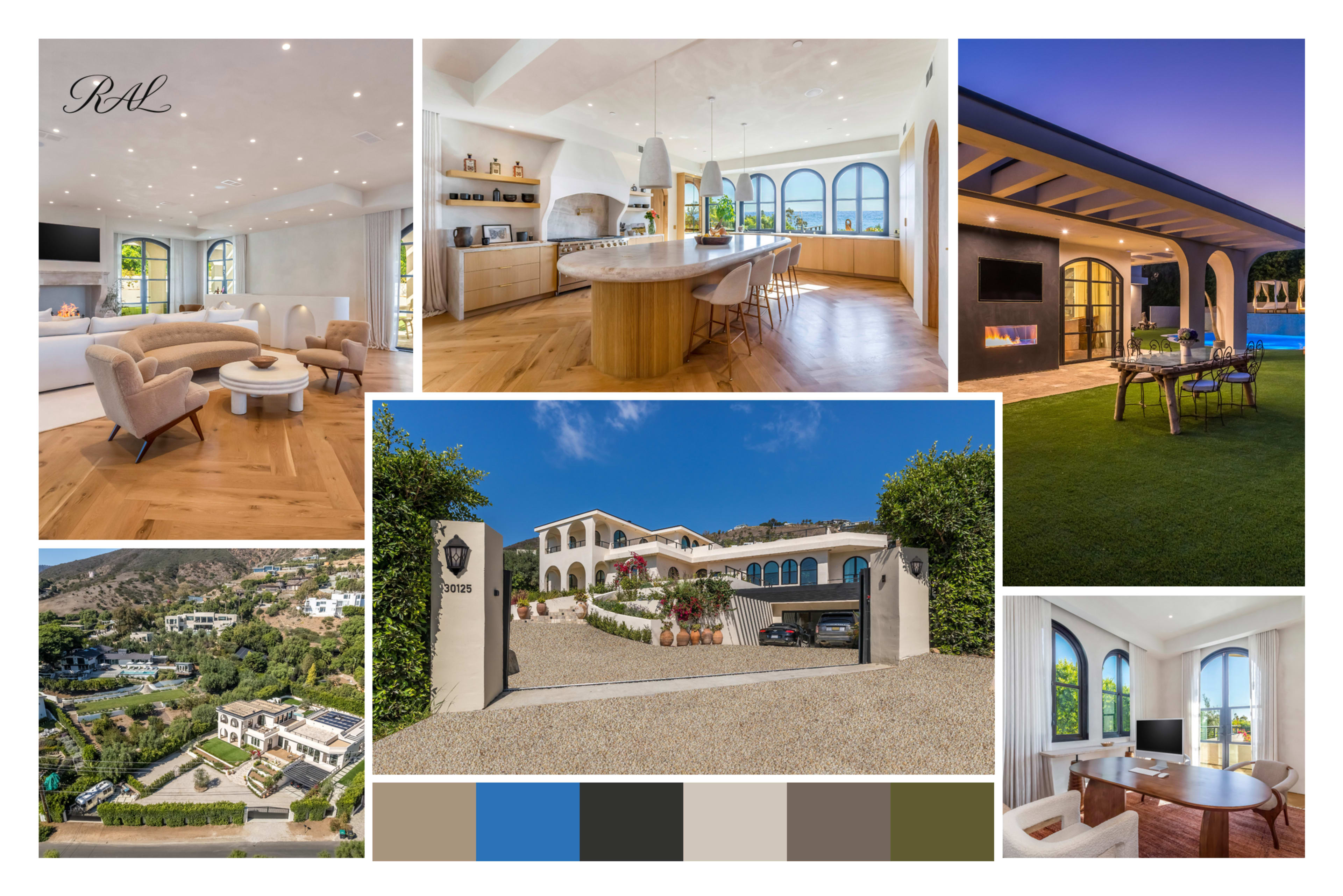 The image collage showcases a luxurious modern home featuring a stylish kitchen, spacious living areas, an outdoor dining space, and a landscaped exterior with a prominent entrance gate.