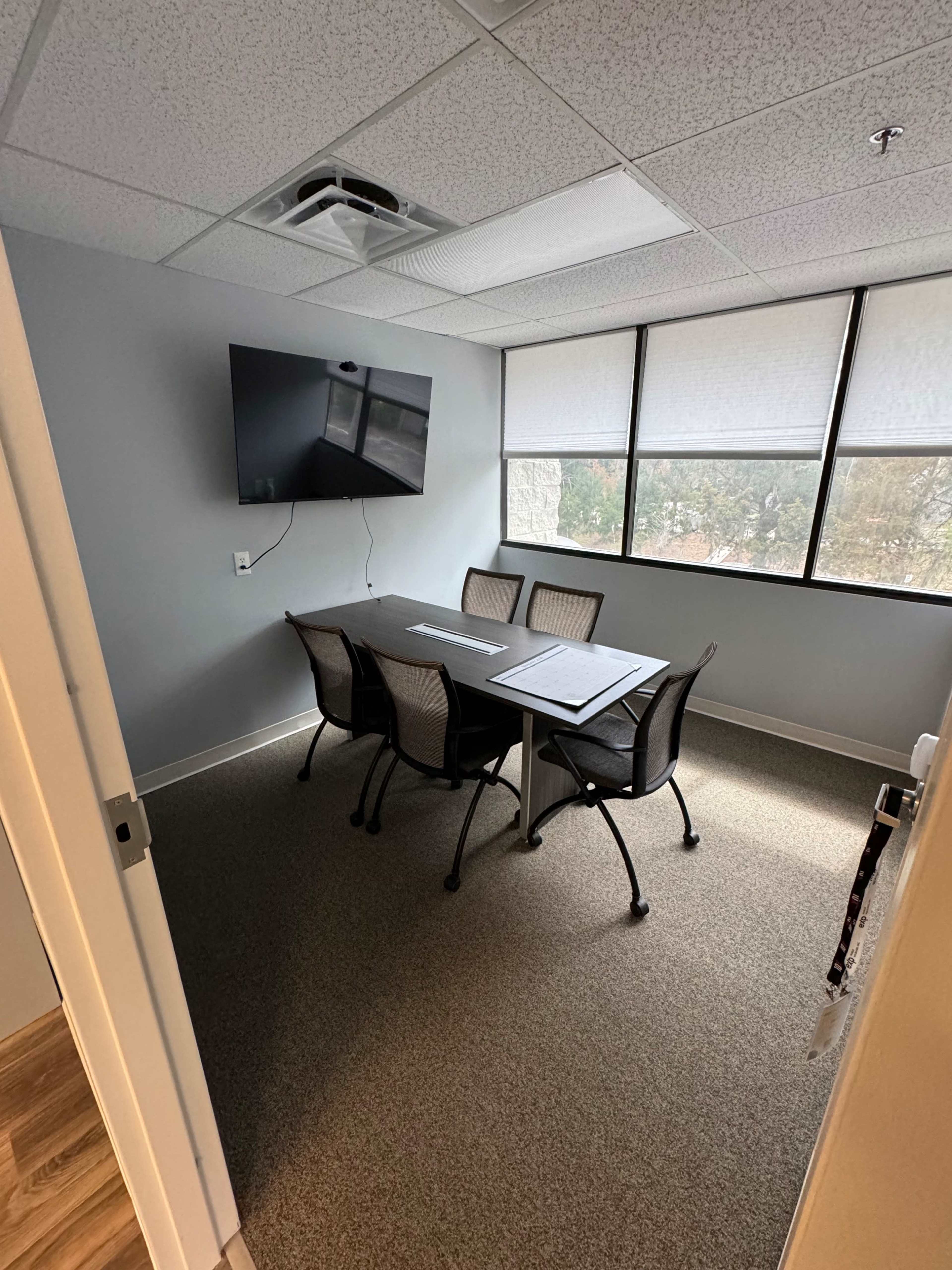 A conference room features a rectangular table surrounded by four mesh chairs, with a wall-mounted television and windows providing natural light.