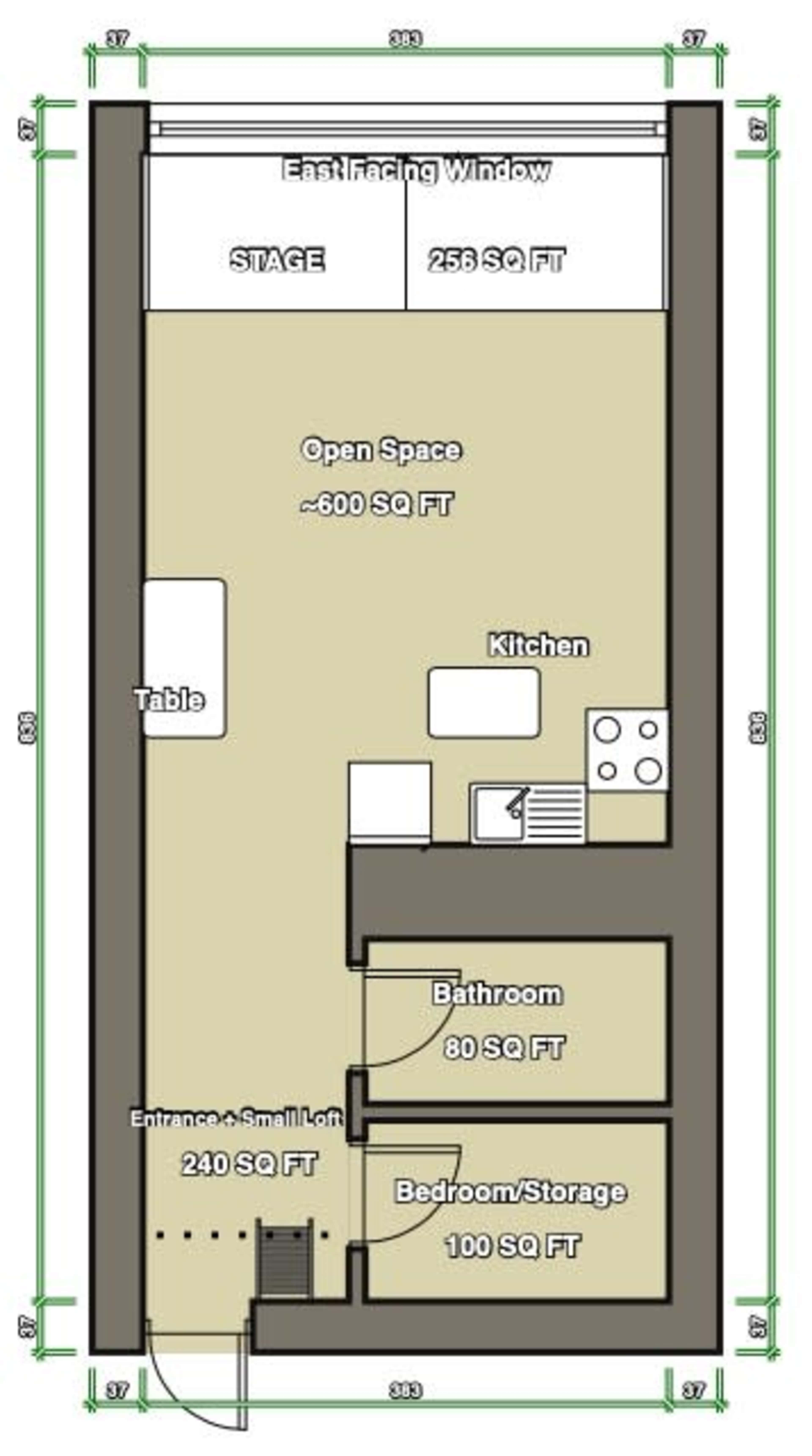 A floor plan layout for a space with designated areas for a stage, open space, kitchen, bathroom, and bedroom/storage.