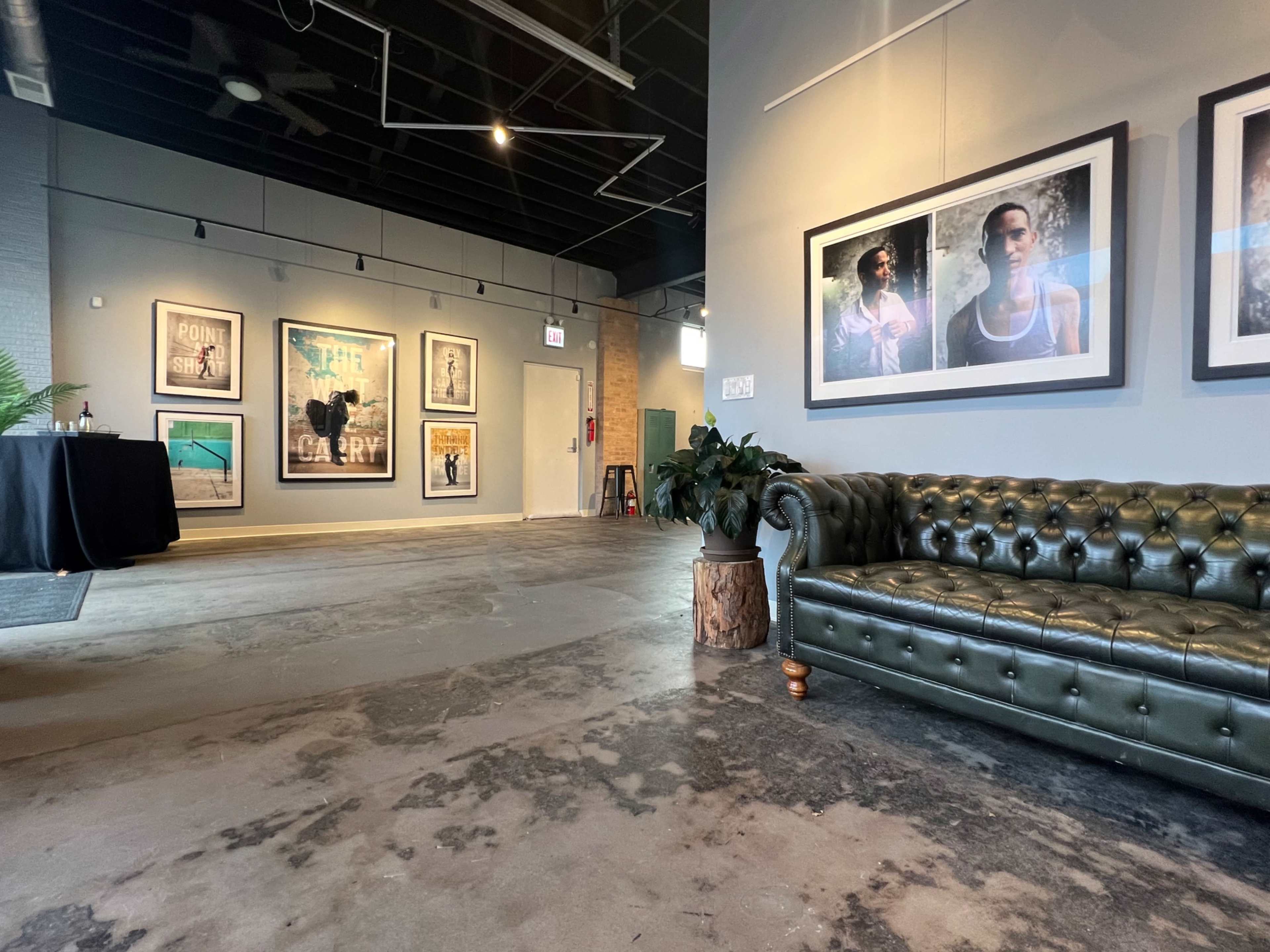 The image shows a spacious interior with a green leather sofa, a decorative plant, framed artwork on the wall, and a dark table in the background.