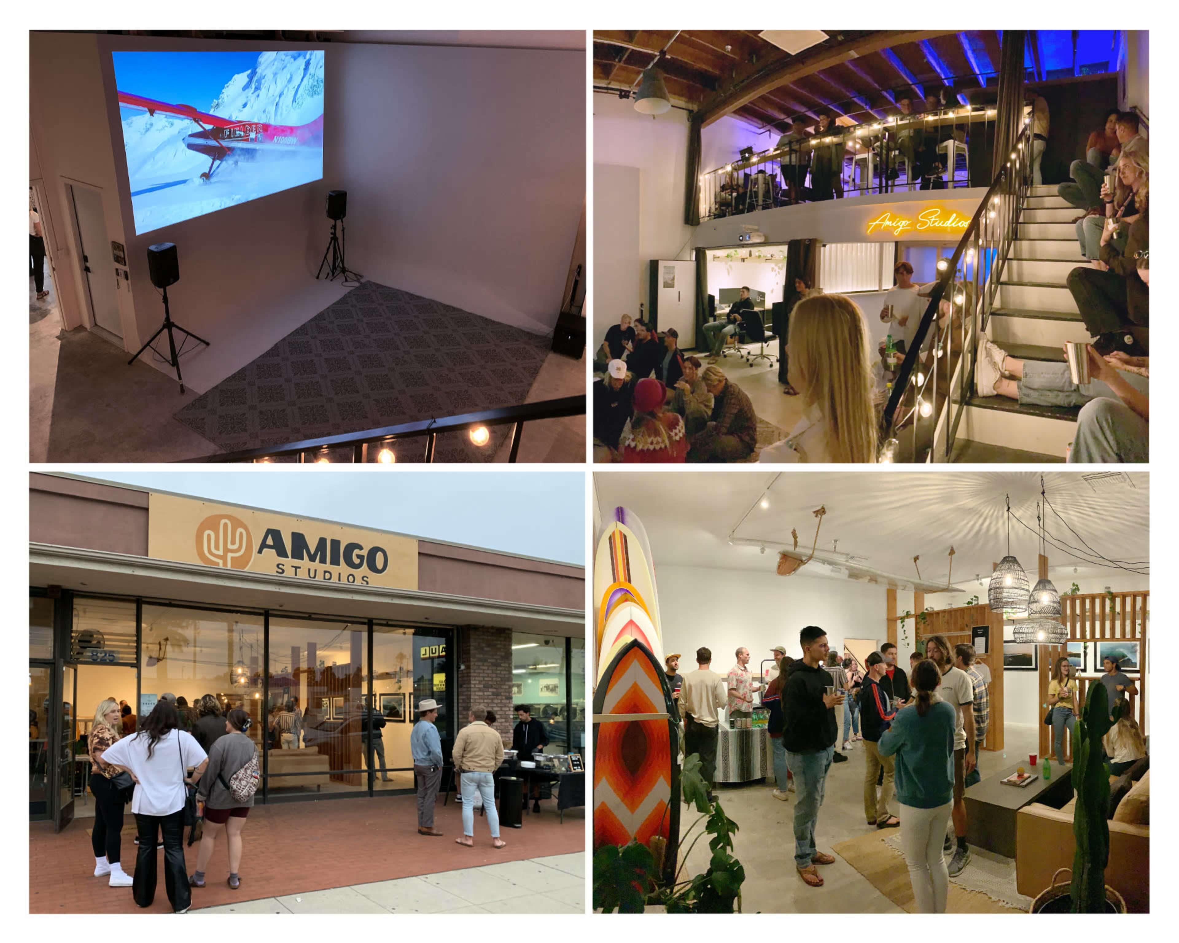 A collage of four scenes featuring Amigo Studios, including a spacious event space with a performance area, a bustling interior with attendees, an exterior view of the studio, and another lively gathering inside.