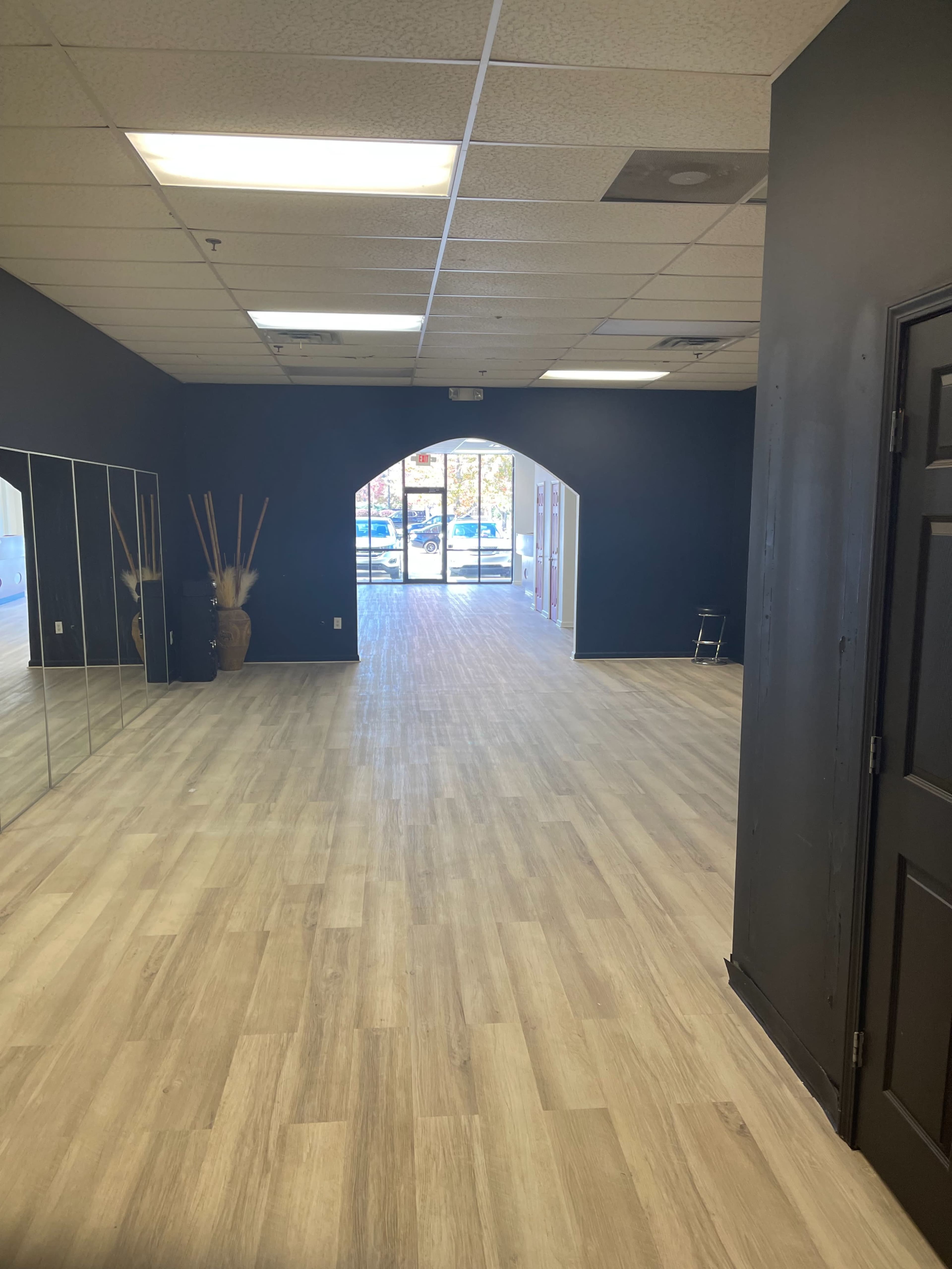 A spacious room with wooden flooring, blue walls, mirrors on one side, and a large entrance leading to an outdoor area.
