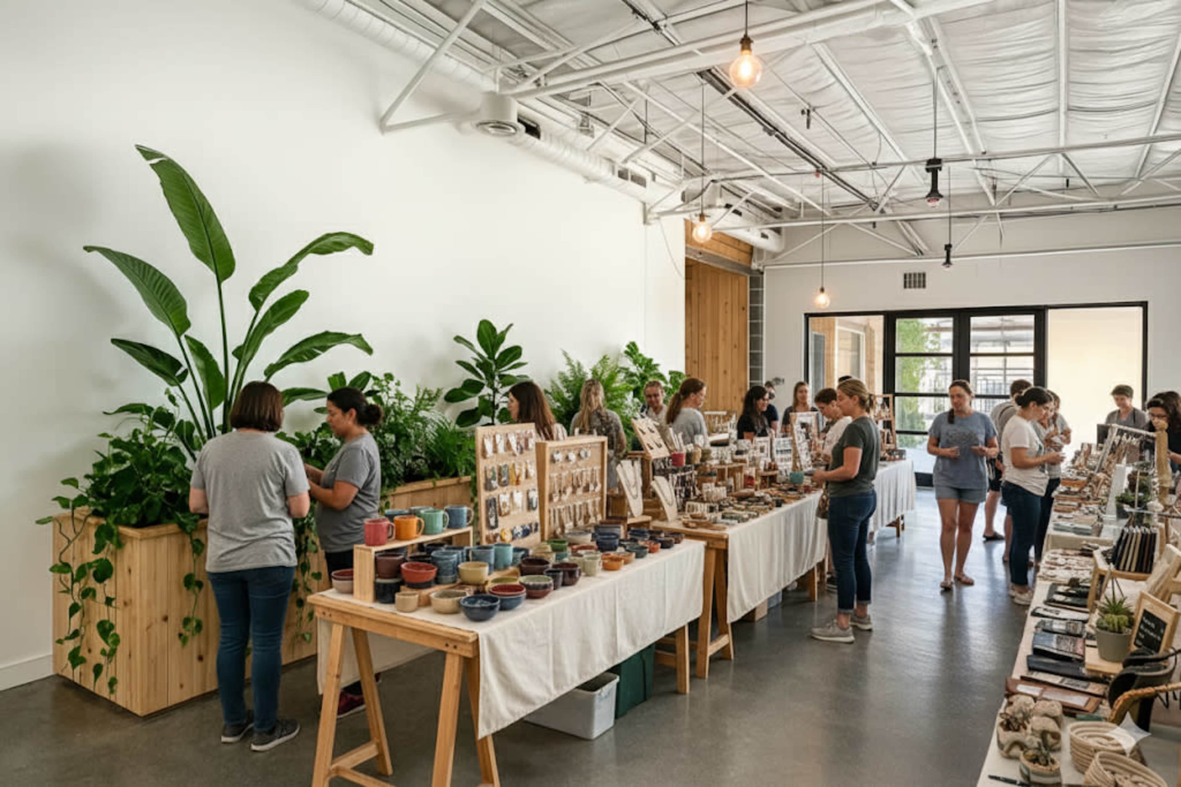 A spacious interior features several tables displaying handmade crafts and pottery, surrounded by attendees engaging with the displays and large plants in the background.