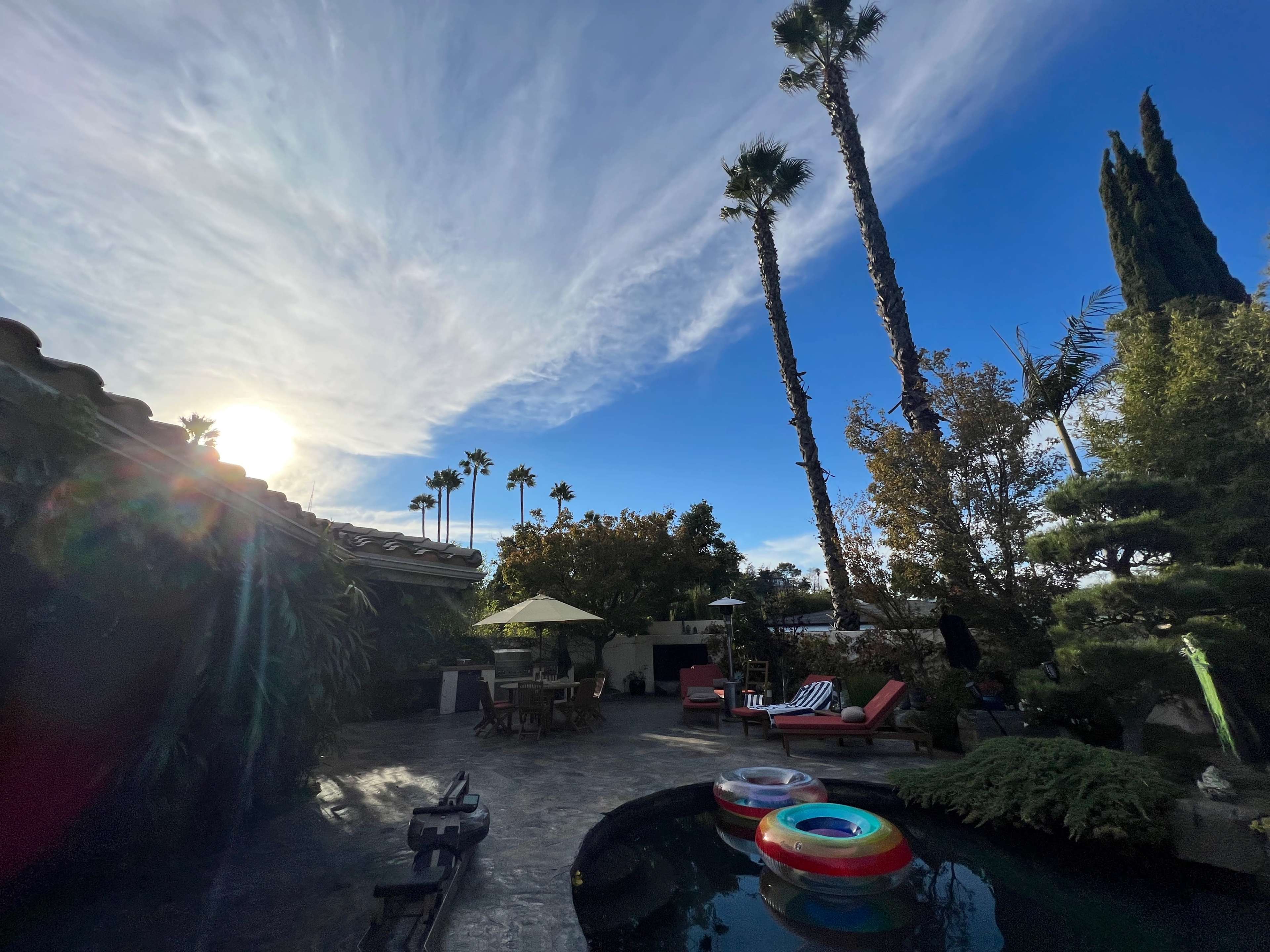 The image shows a backyard area with palm trees, a swimming pool surrounded by colorful floats, and a seating arrangement under an umbrella.