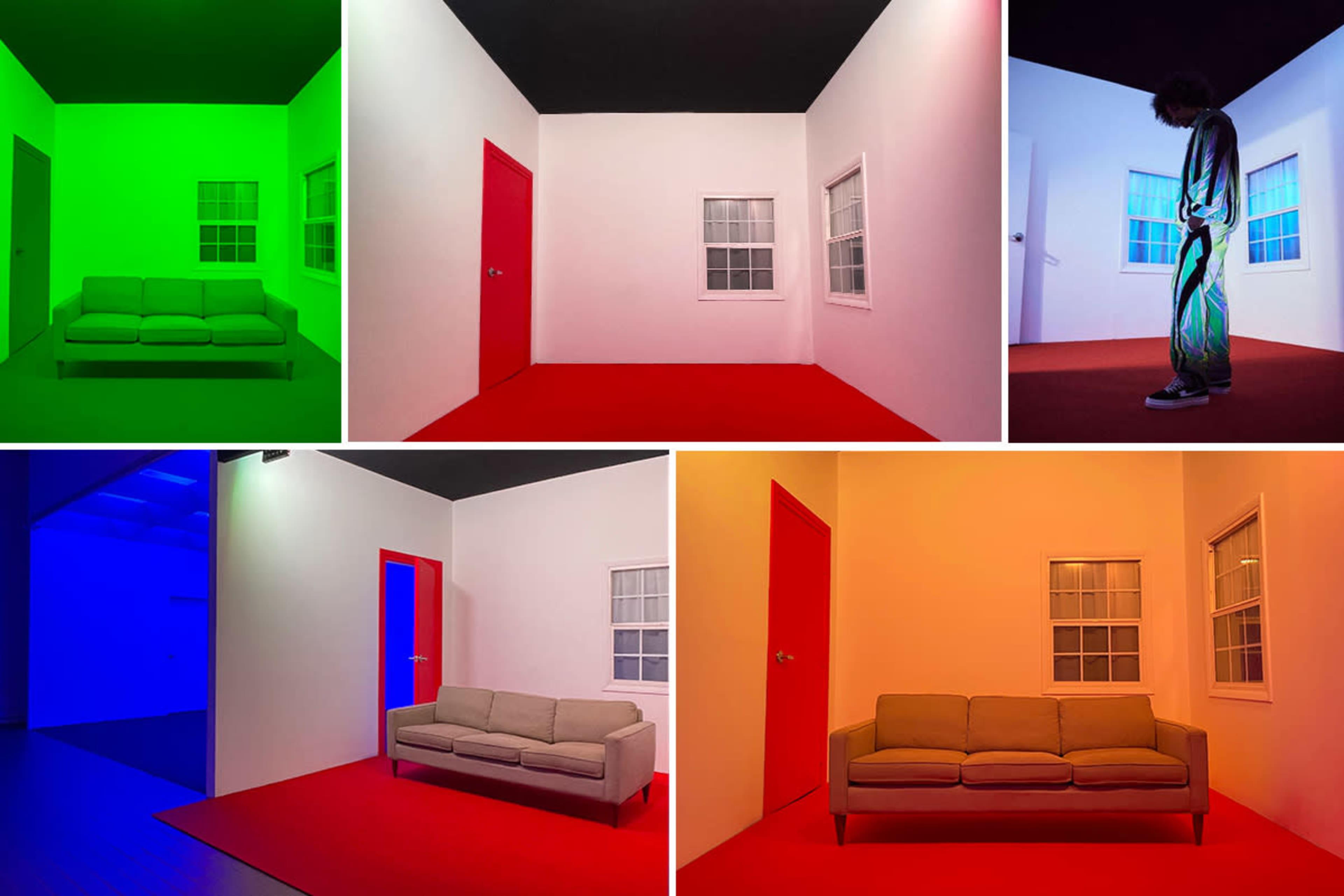 The image features multiple brightly colored rooms with a couch, each having a different dominant color scheme and a doorway.