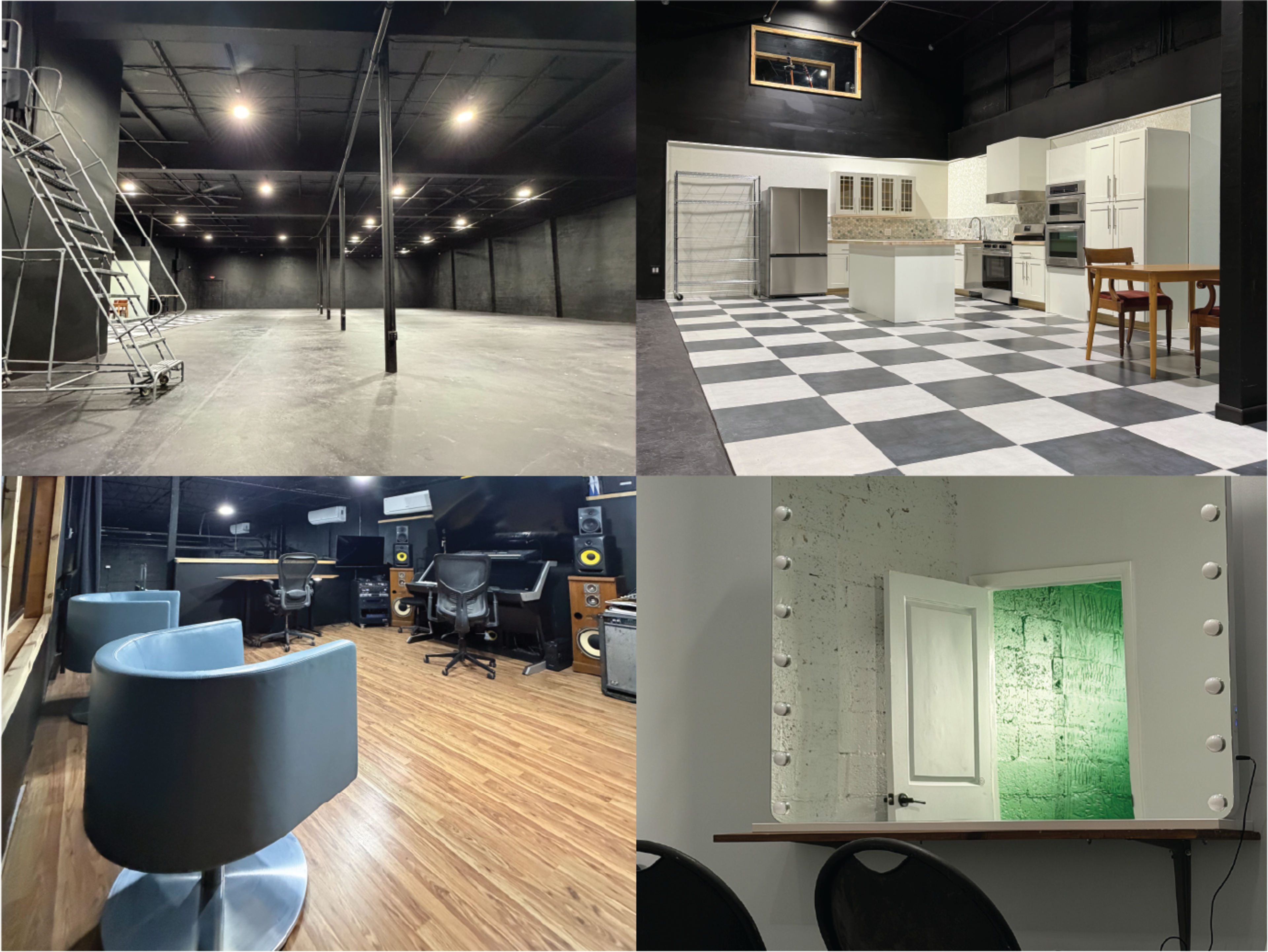 The image is a collage featuring four different studio spaces: an empty rehearsal or performance area, a modern kitchen set with checkered flooring, a sound recording studio with equipment, and a dressing room with a lit mirror.