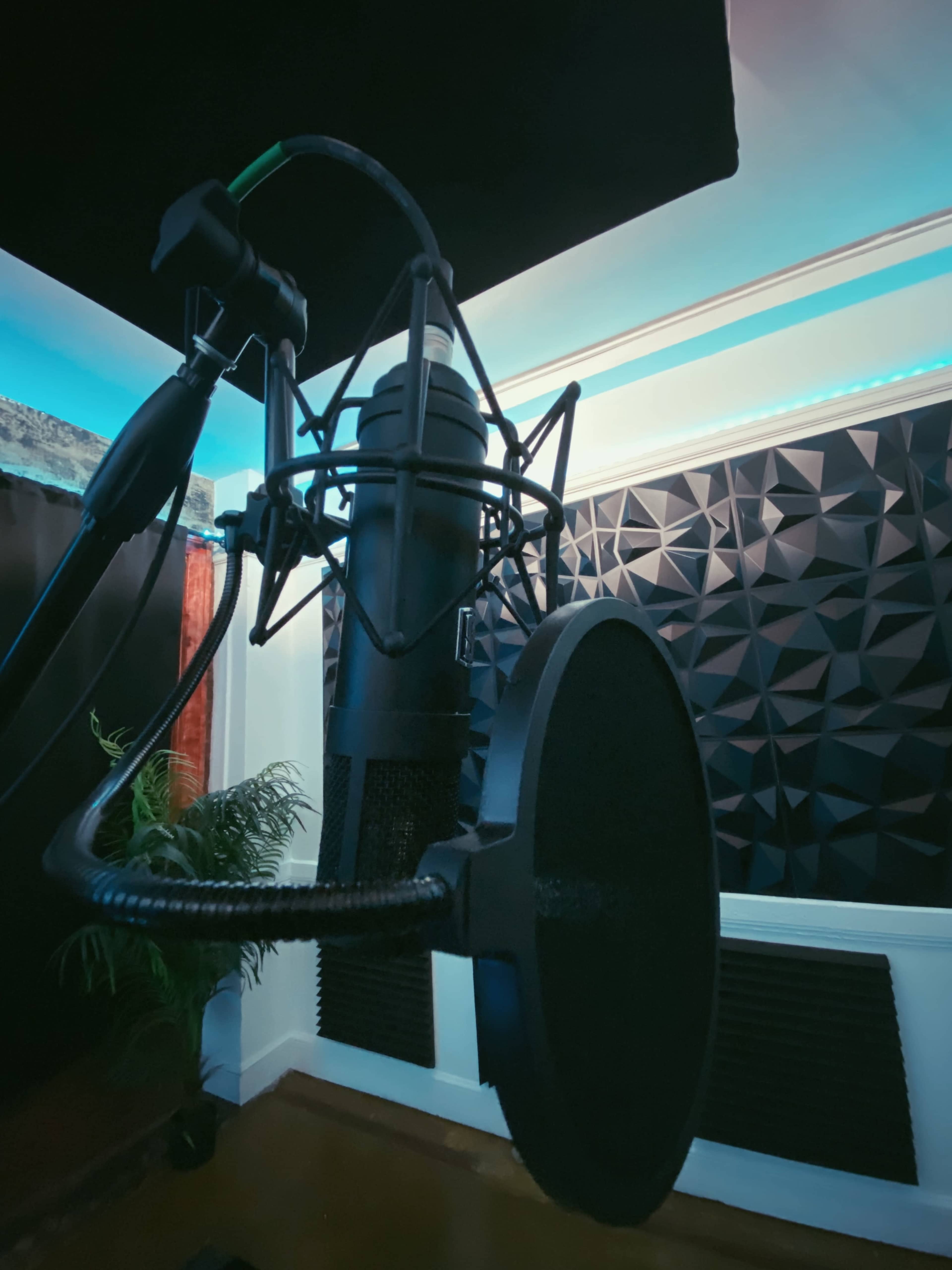 A microphone with a pop filter in a soundproof recording studio, featuring textured acoustic panels on the walls.