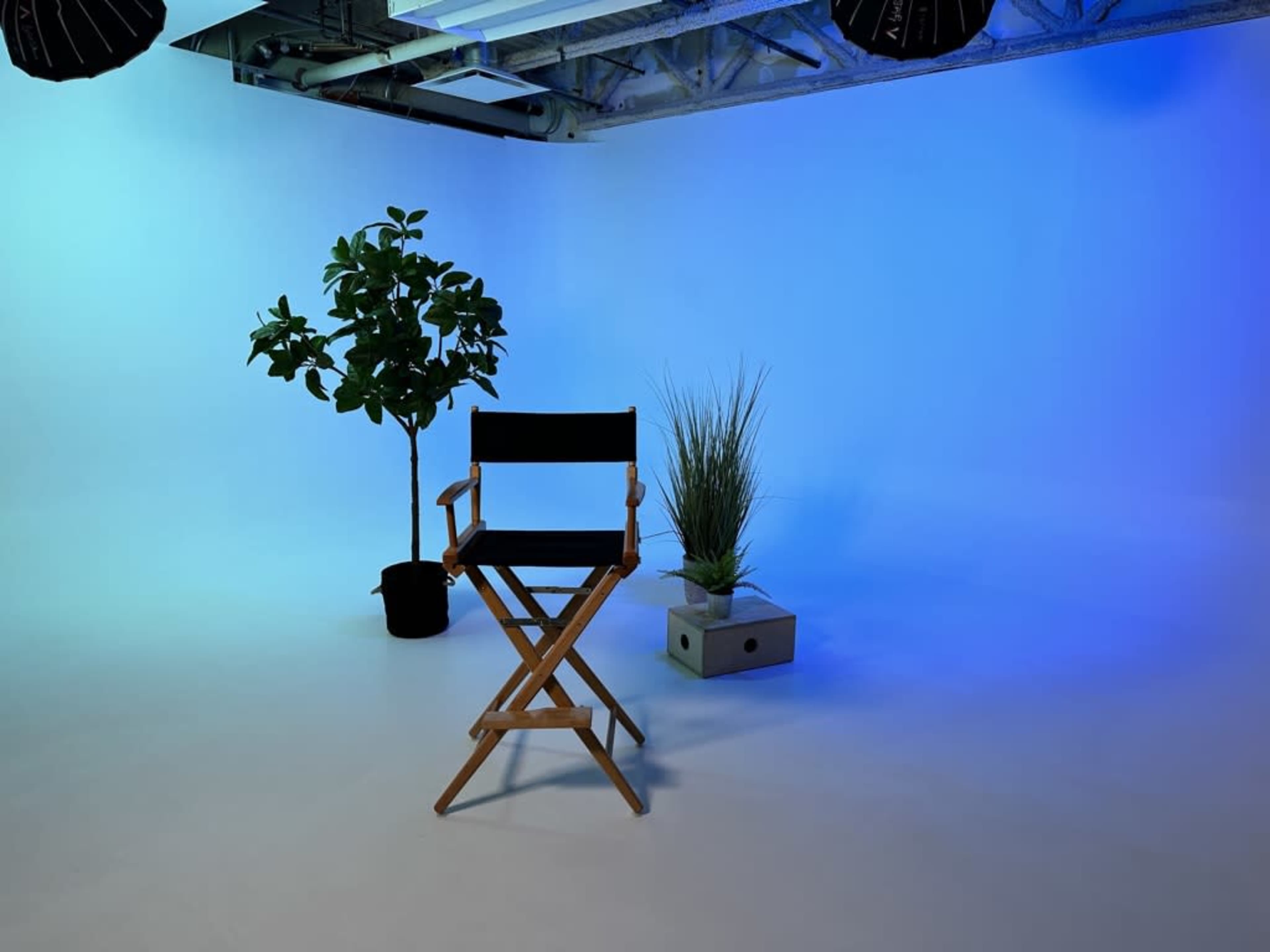 A wooden director's chair is centered in a minimalistic studio space featuring a potted plant and a box with greenery, set against a blue gradient background.