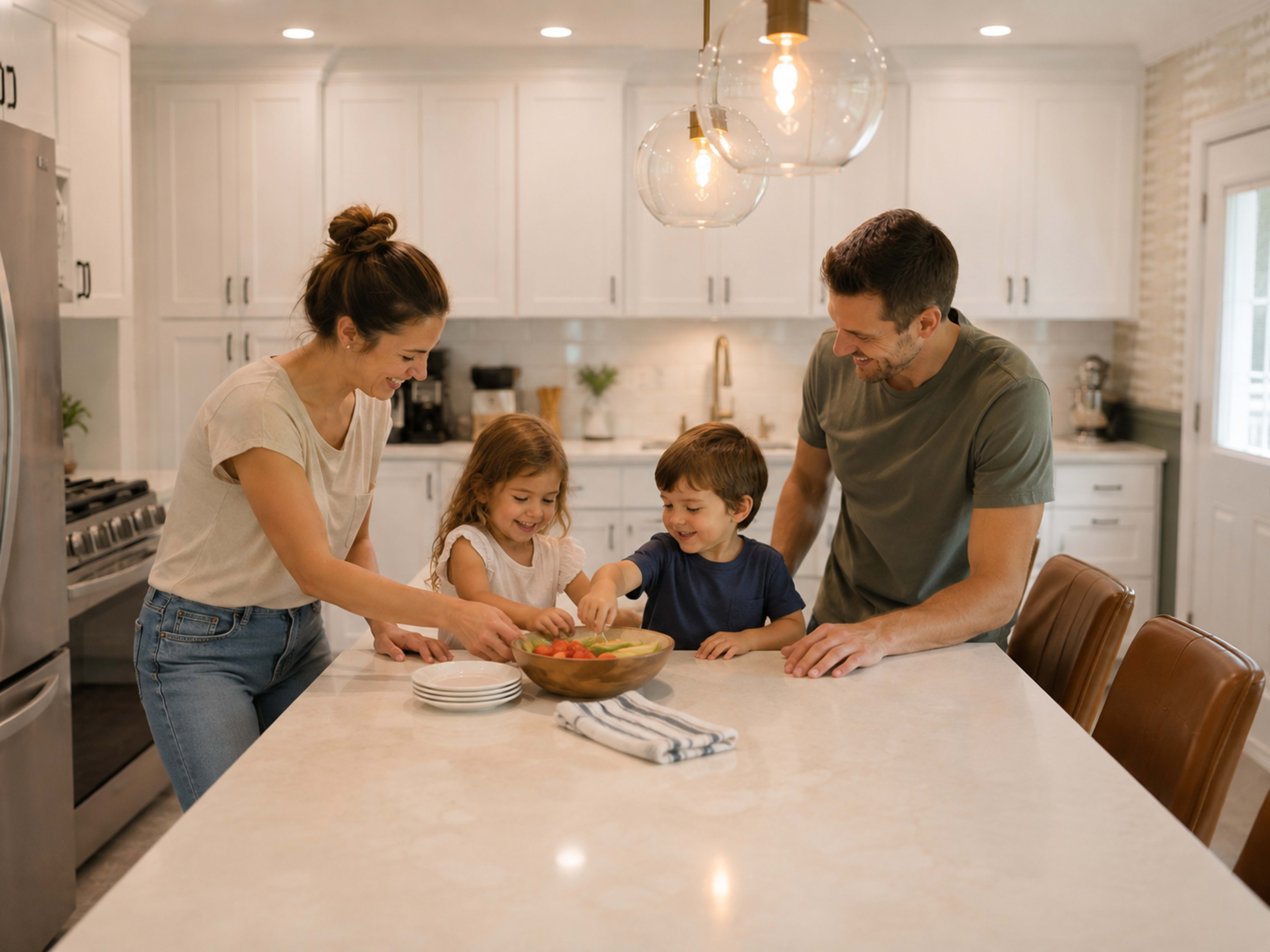 A family of four is gathered around a kitchen island, sharing food and enjoying time together.