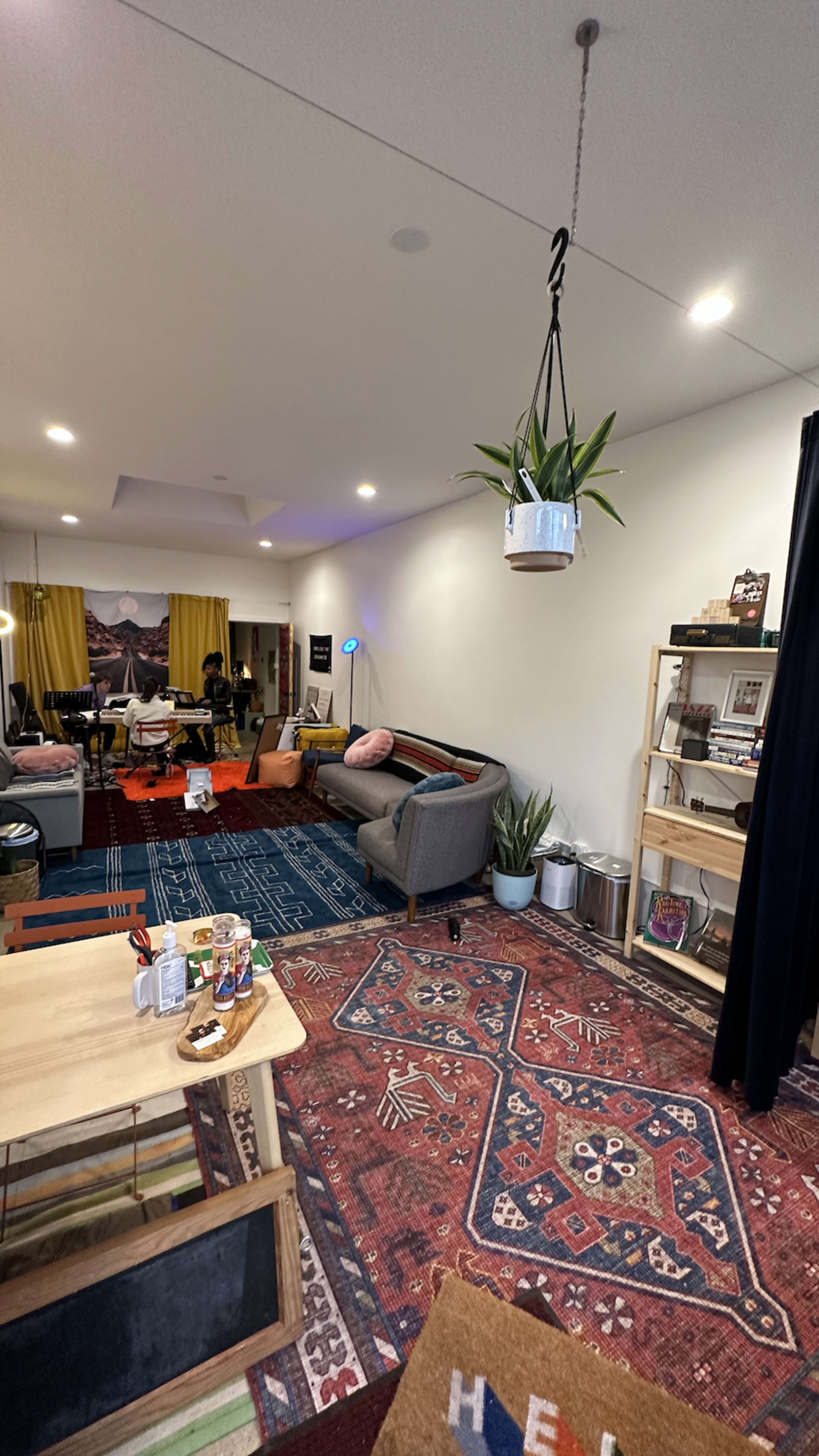 A cozy living room with a patterned rug, a sofa, a hanging plant, and shelves filled with books.